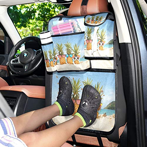 WELLDAY Car Backseat Organizer with Storage Pockets - 2PCS Kick Mats Protector for Kids & Toddlers | Sunglasses Holder, Pineapple Design Trunk Organizer | Perfect for Road Trips, Family Travel & Daily Commute