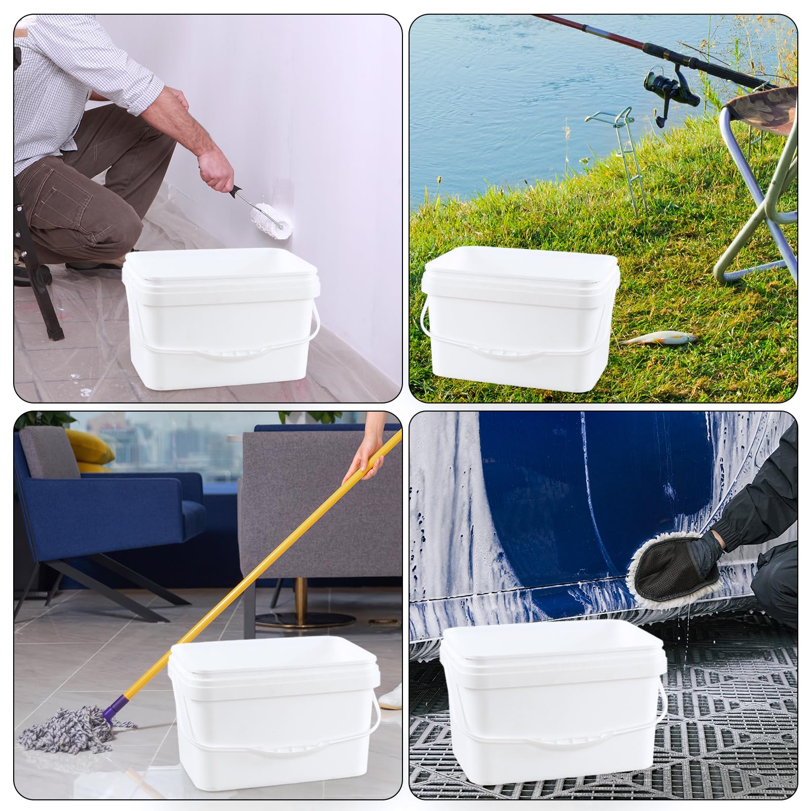 5 Gallon White Square Plastic Food Storage Bucket with Lid - Heavy Duty Rectangular Pail with Handle for Home, Kitchen, Garden & DIY Projects - Set of 4 (Ideal for Food Storage, Paint Mixing, Cleaning Supplies)