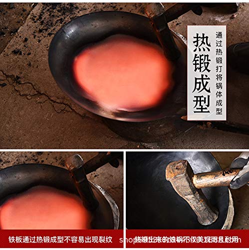 100% Hand Hammered Iron Wok Pan - 34CM Non-Stick Stir Fry Pan with Black Seasoned Wooden Handle - No Coating, Less Oil Cooking - Perfect for MasterChef & Home Chefs - Ideal for Stir-Frying, Sautéing & Asian Cuisine