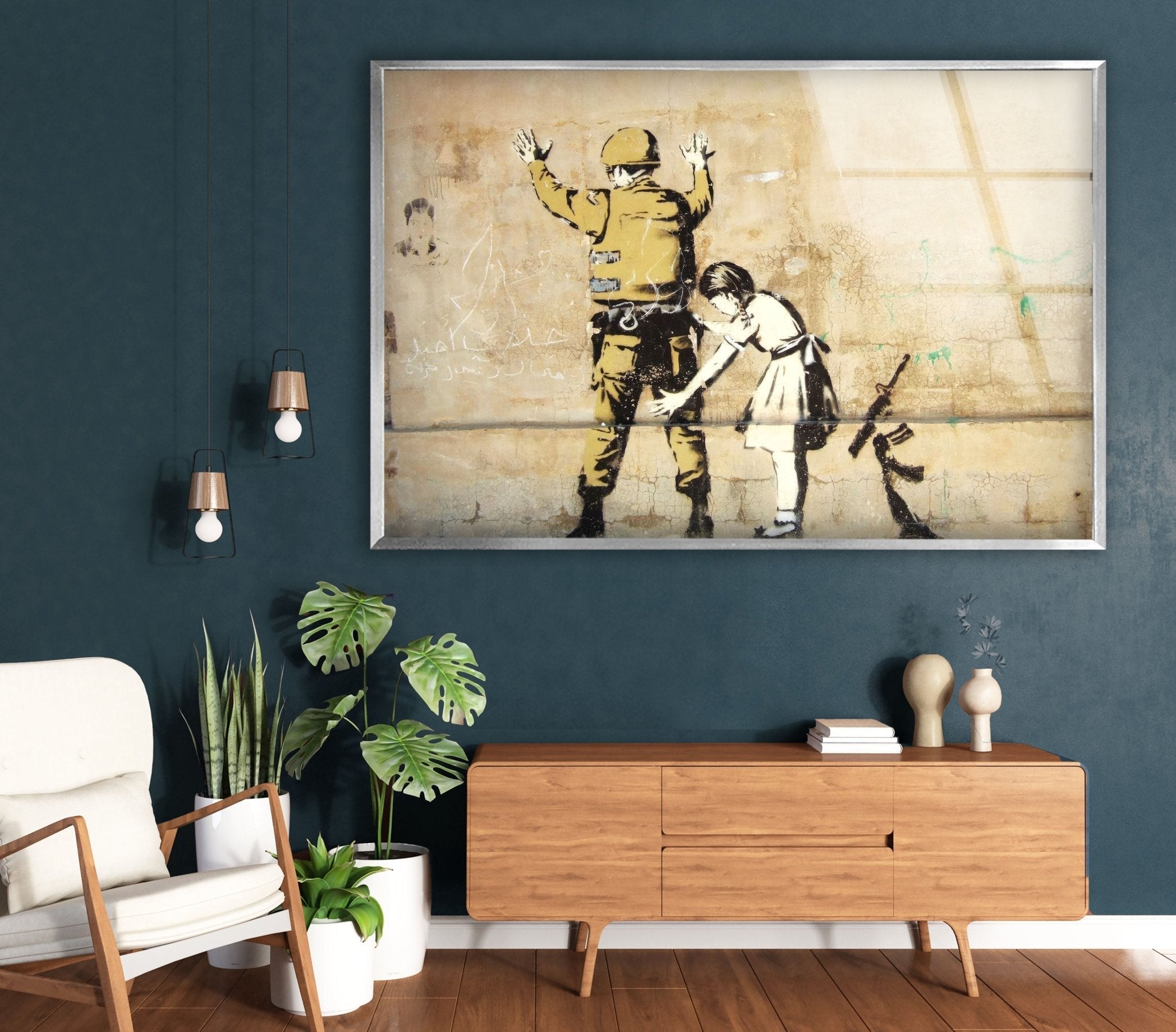 Banksy Girl Frisking Soldier Glass Wall Art - Stunning Home Decor for Living Room, Office & Gifts | Modern Framed Glass Print