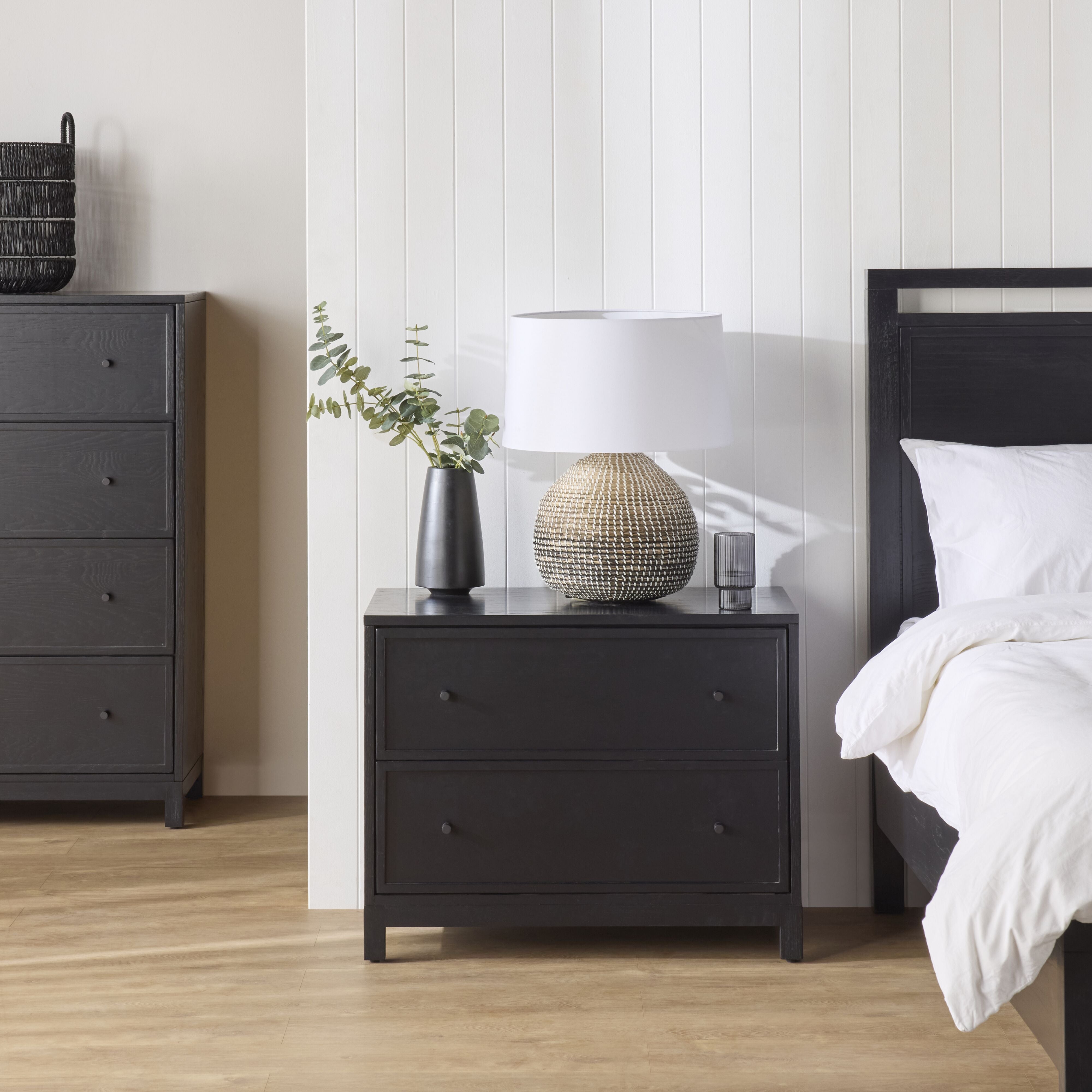 Avalon Large 2-Drawer Nightstand - Black Wood Bedside Table for Bedroom, Living Room & Office Storage