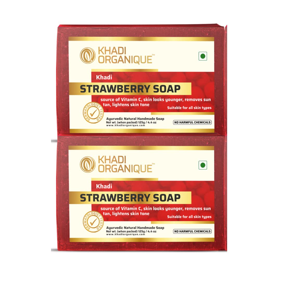Khadi Organique Handmade Strawberry Soap with Essential Oil - Pack of 2 | Natural, Vegan & Cruelty-Free Skincare | Perfect for Daily Face & Body Wash, Gift Sets, and Spa Treatments