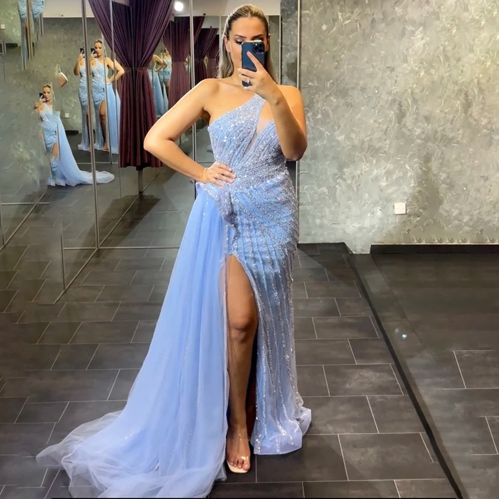 Serene Hill Lilac Mermaid Evening Gown with Overskirt - Elegant One Shoulder Beaded Prom Dress for Women | Luxury Party Wear for Weddings, Galas & Formal Events