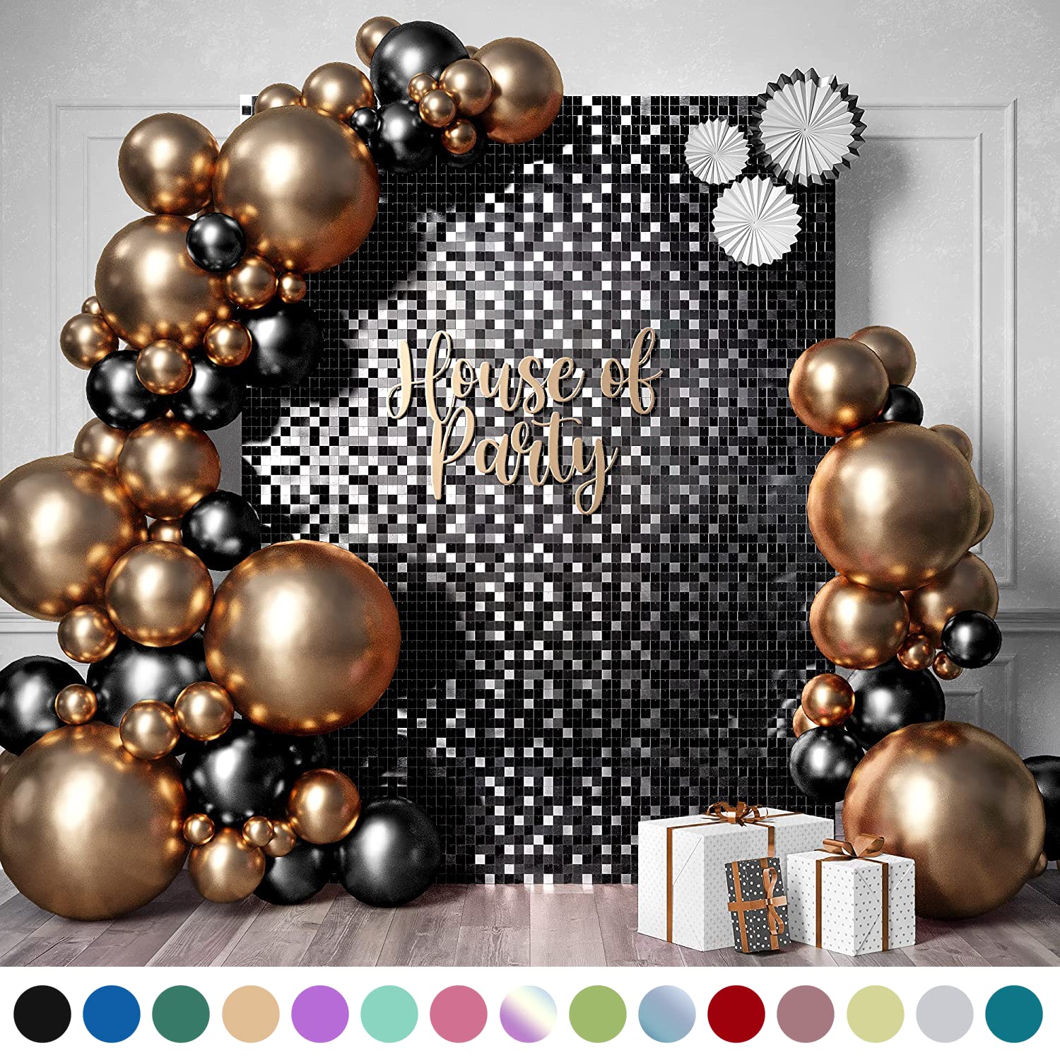 HOUSE OF PARTY Black Shimmer Wall Backdrop - 24 Pack Square Sequin Wall Panels for Sparkling Party Decor | Perfect for Birthday, Wedding & Bachelorette Party Decorations | Great for Photo Booths, Stage Backdrops & Event Wall Decor