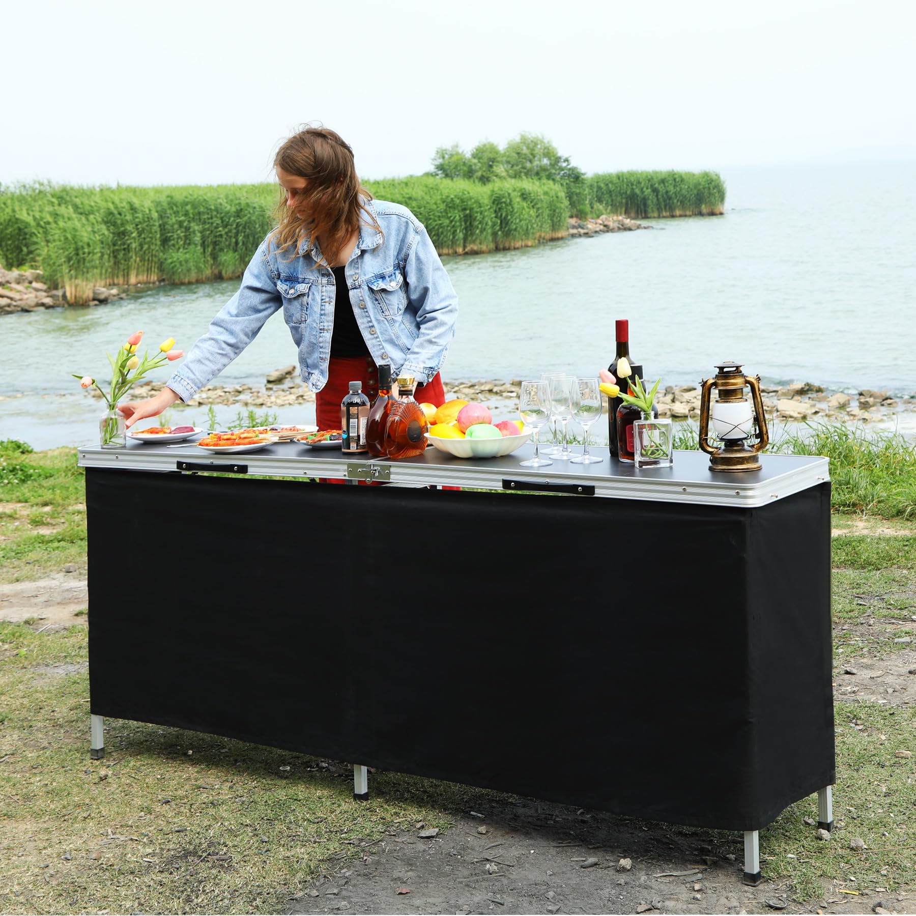REDCAMP 78-Inch Portable Folding Bar Table - Lightweight Mobile Bartender Table with Easy Setup for Parties, Events, Camping, Trade Shows & Exhibitions (Black, 78