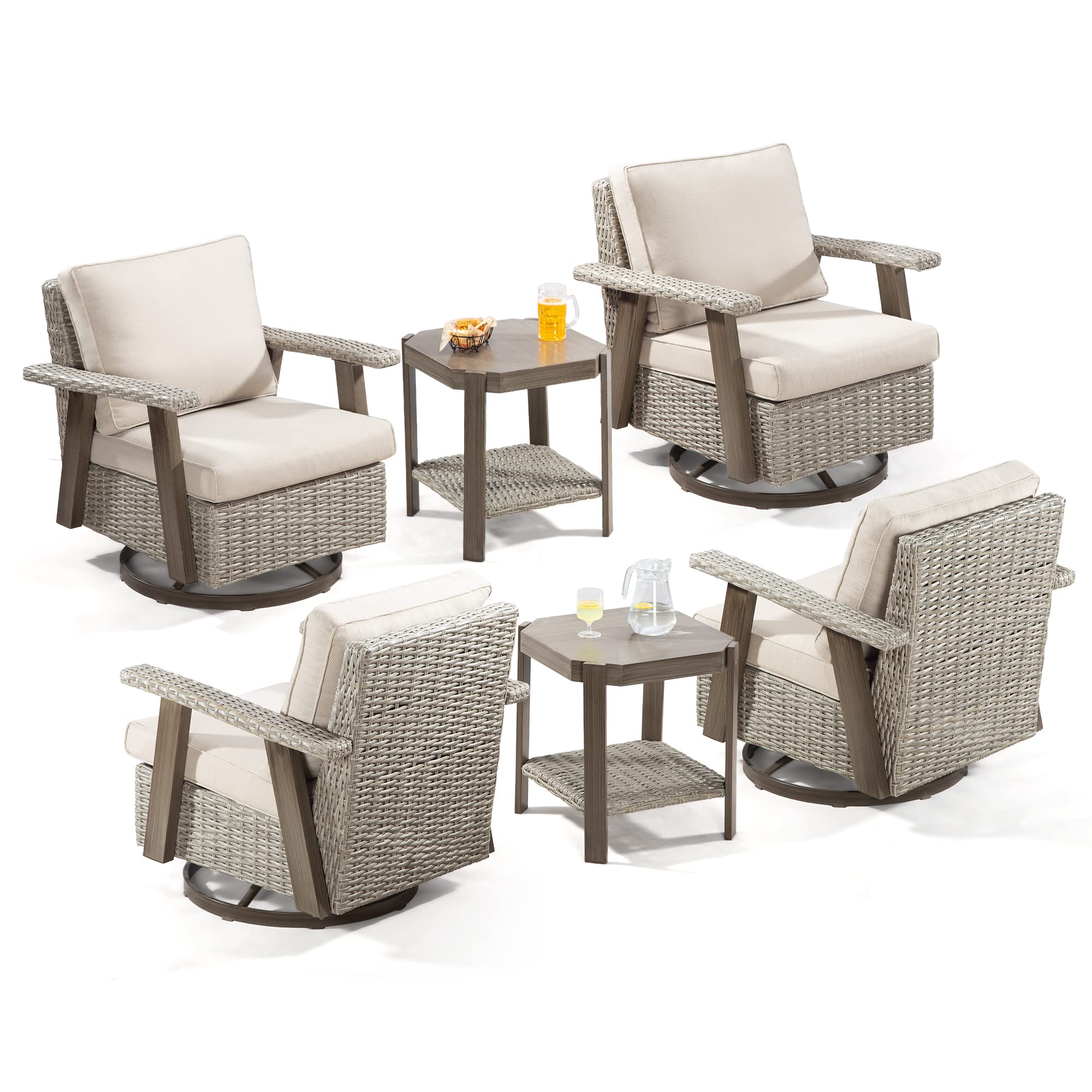 Premium 4-Piece Swivel Rocking Patio Chair Set with 2 Side Tables - Outdoor Wicker Furniture with Comfortable Cushions (Gray/Beige) for Backyard, Garden, Poolside & Deck Relaxation