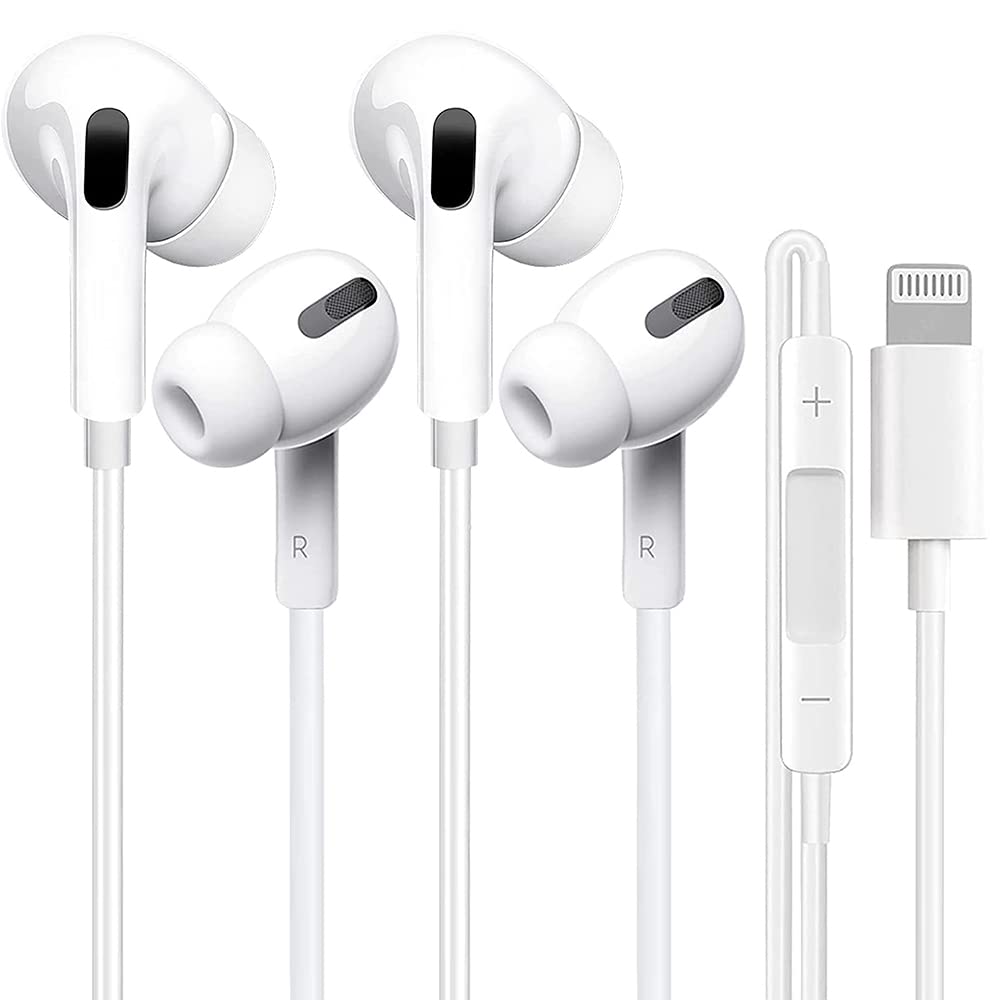 2 Pack Apple MFi Certified Lightning Headphones - Wired Earphones with Noise Isolation, Built-in Mic & Volume Control for iPhone 14/13/12/11/XR/8/7/XS/SE - Perfect for Gym, Commuting & Gaming