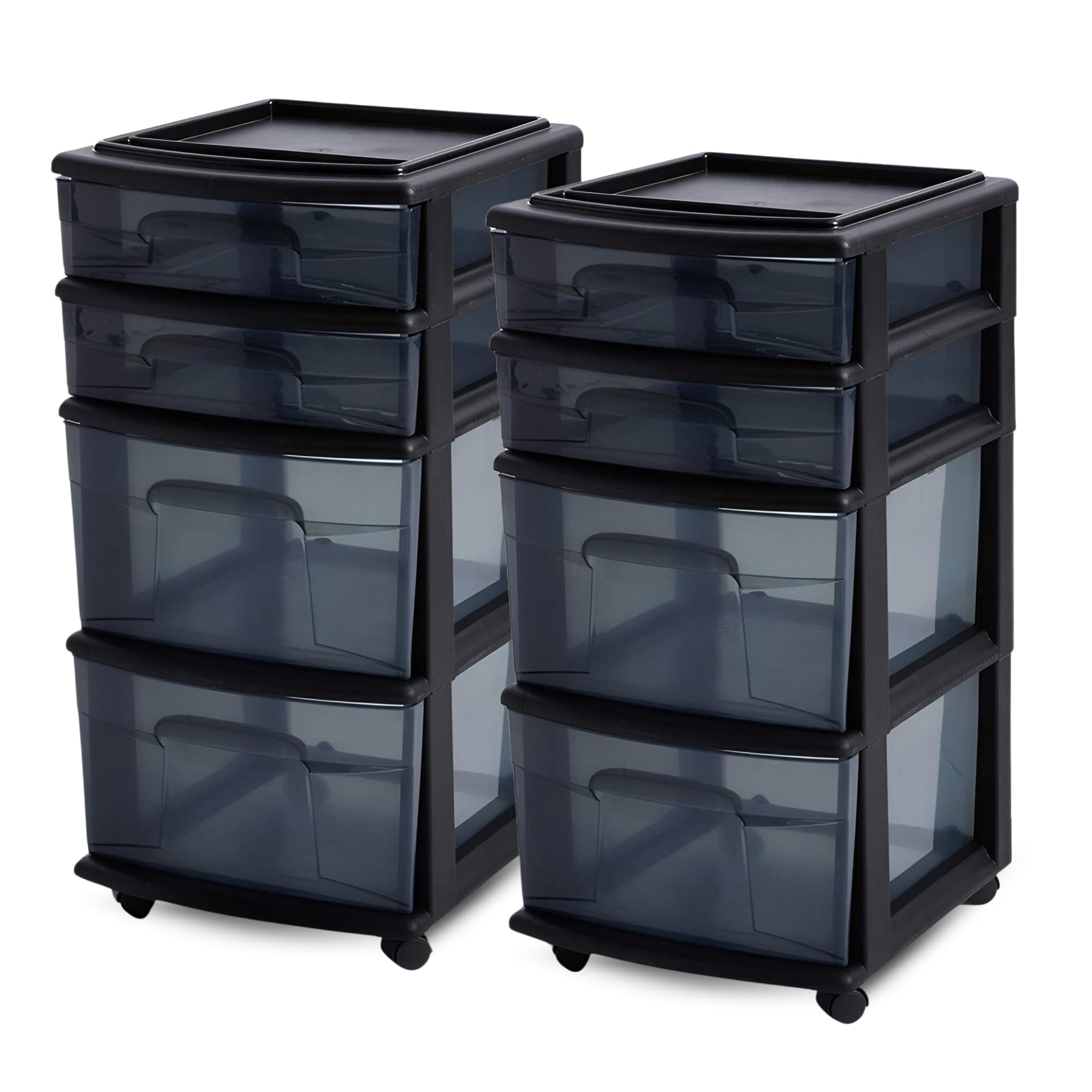 HOMZ 2-Pack 4-Tier Clear Black Plastic Storage Drawer Tower Organizer Cart with Black Frame - Perfect for Bedroom, Bathroom, Office & Closet Organization