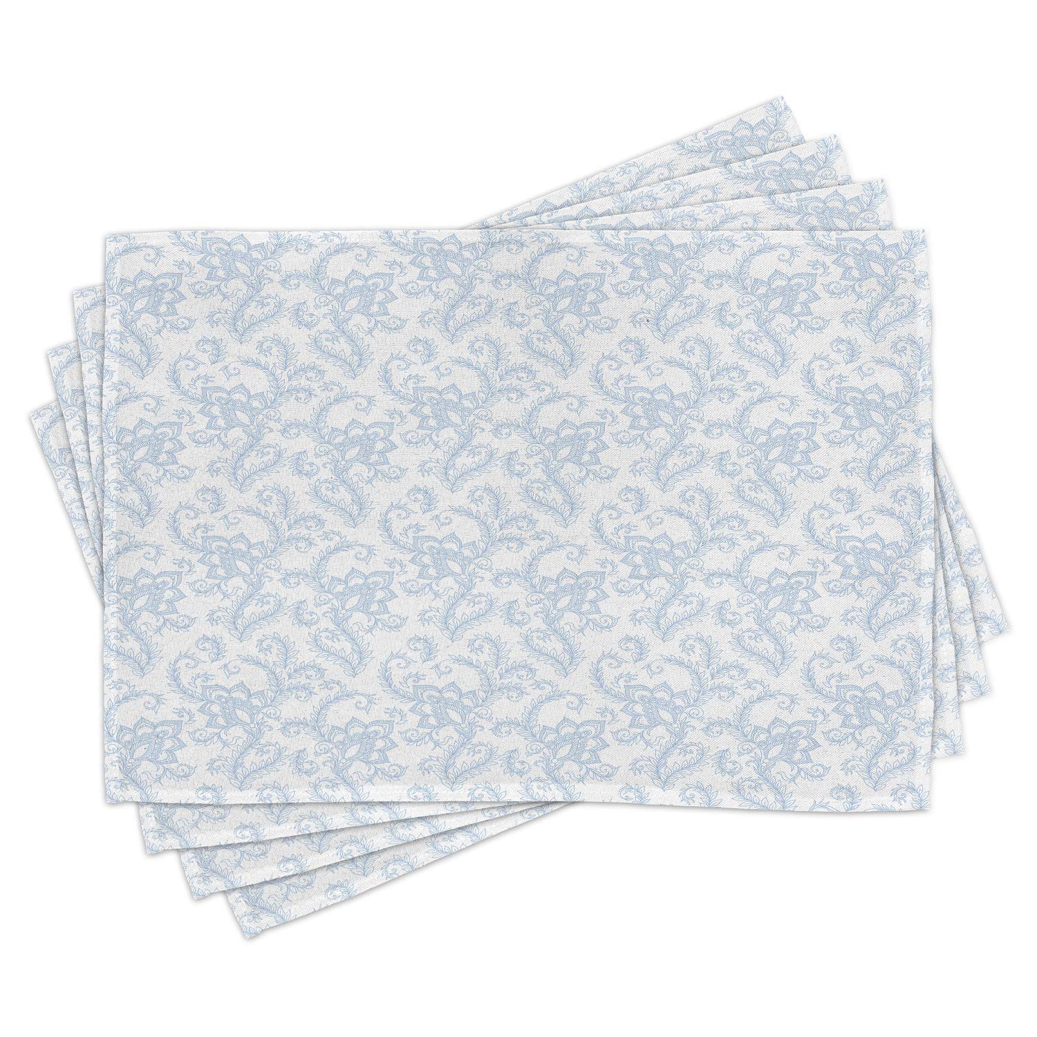 Ambesonne Vintage Floral Place Mats Set of 4 - Soft Washable Fabric Table Mats with Leaves & Geometric Design for Dining Room & Kitchen Decor in Pale Blue White | Perfect for Dinner Parties, Holiday Meals & Everyday Use