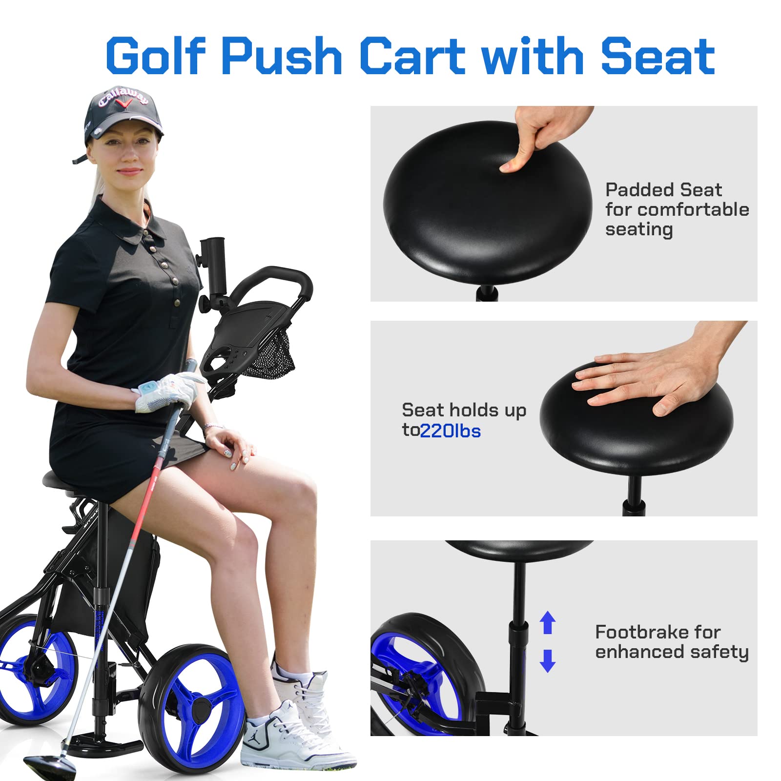 Best 3 Wheel Folding Golf Push Cart - Lightweight Collapsible Golf Trolley with Seat, Foot Brake & Umbrella Holder - Adjustable 4-Position Handle for Golf Clubs - Perfect for Golf Courses & Practice Ranges