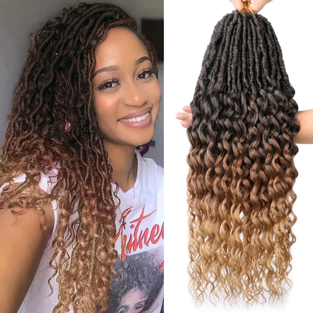 7 Packs Faux Locs Crochet Hair with Curly Ends - 24 Inch Soft Pre-Looped Goddess Locs Synthetic Hair Extensions (T1B/30/27) - Perfect for Protective Styling, Braids, and Boho Chic Looks