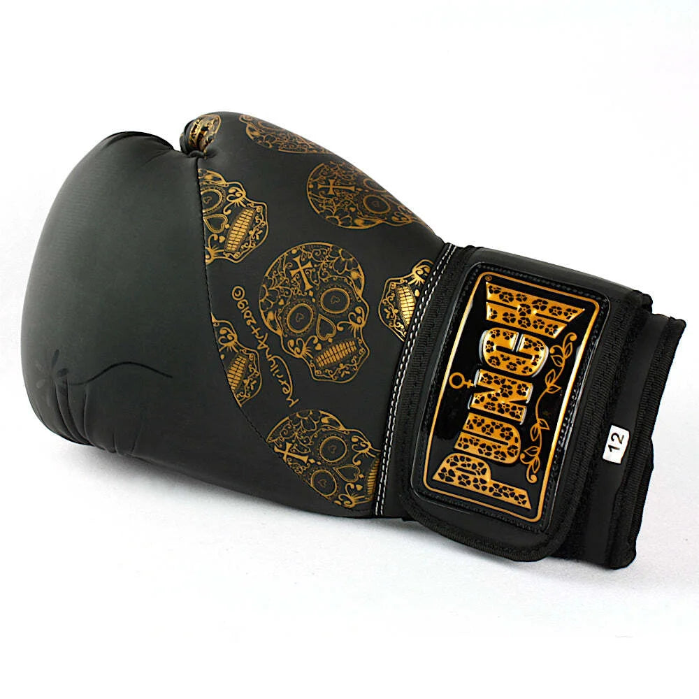 Premium 12oz Black Boxing Gloves with Urban Gold Skulls Design - Perfect for Training, Sparring, and Fitness Workouts