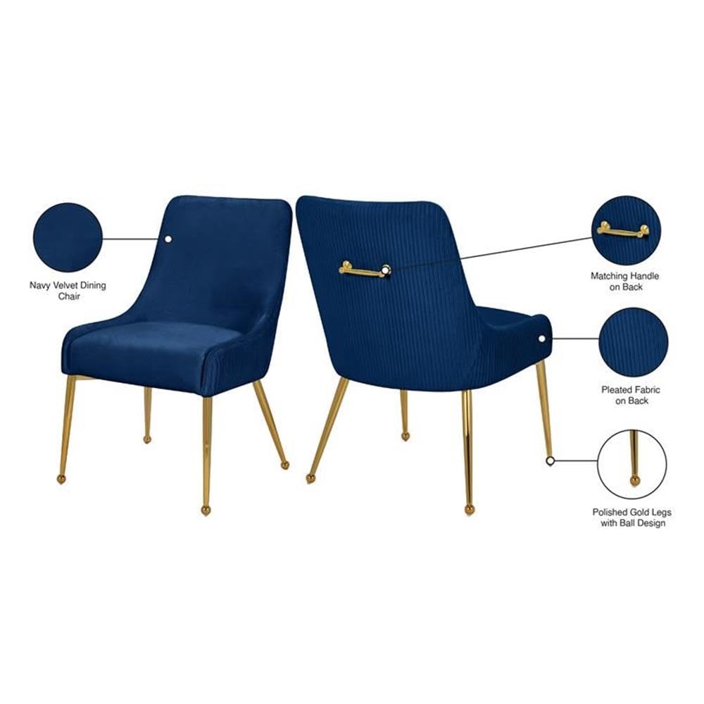 Meridian Furniture 855 Navy Ace Collection Modern Dining Chairs - Set of 2 Navy Velvet Upholstered Chairs with Polished Gold Legs & Pleated Fabric, 24x21x34.5 Inches - Elegant Contemporary Dining Room Chairs for Home, Restaurant, or Event Decor
