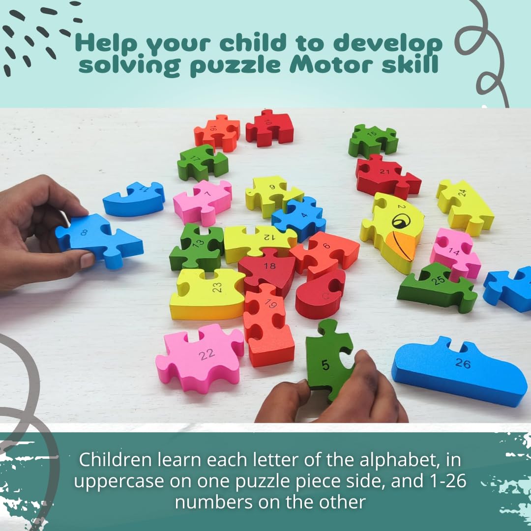 HAPYDOSE Wooden 3D Fish Puzzle A-Z & 1-26 Alphabet Learning Toy with Gift Bag - Montessori Educational Toys for Toddlers Kids Preschool Boys Girls - Perfect Birthday Return Gifts & Early Childhood Development Activity