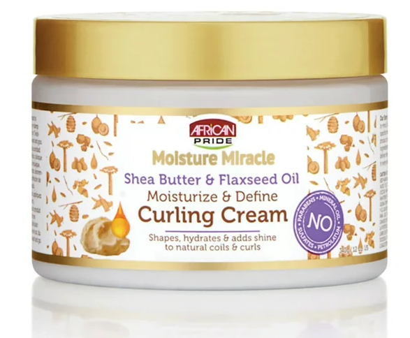 African Pride Moisture Miracle Shea Butter & Flaxseed Oil Curl Defining Cream for Natural Hair - Hydrating & Moisturizing Styling Cream for Curly, Coily & Kinky Hair Types - Perfect for Daily Curl Definition & Frizz Control