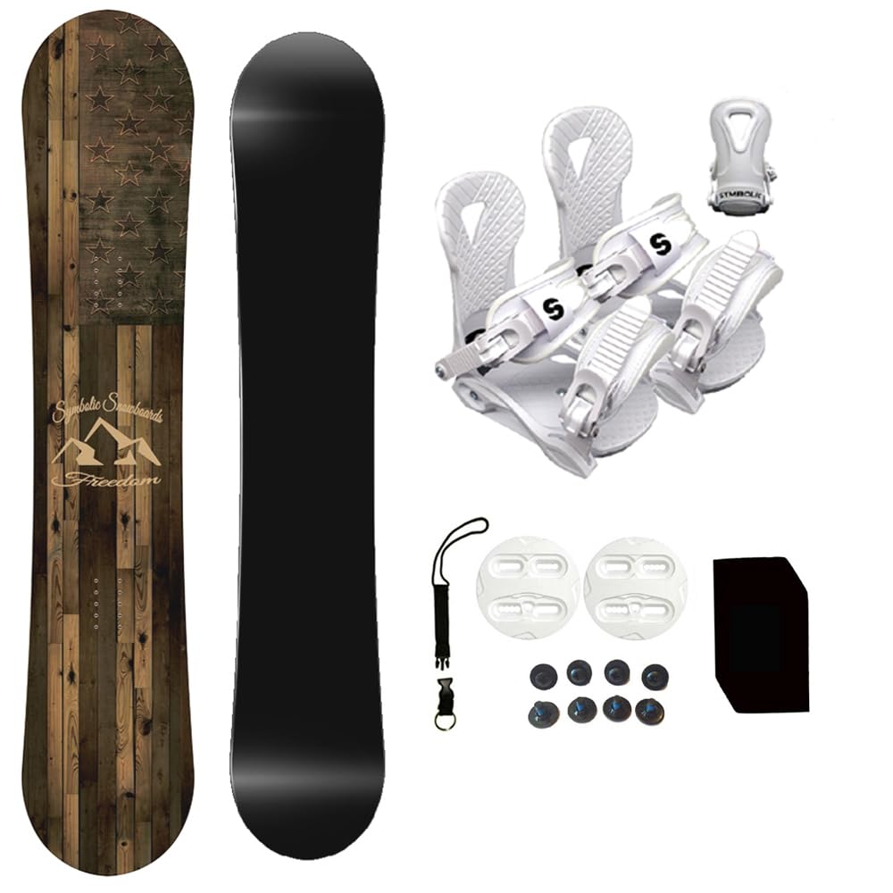 Symbolic Freedom USA Youth Kids Snowboard with White Bindings, Stomp Pad & Leash Set - Perfect for Winter Sports, Snowboarding Lessons & Mountain Adventures