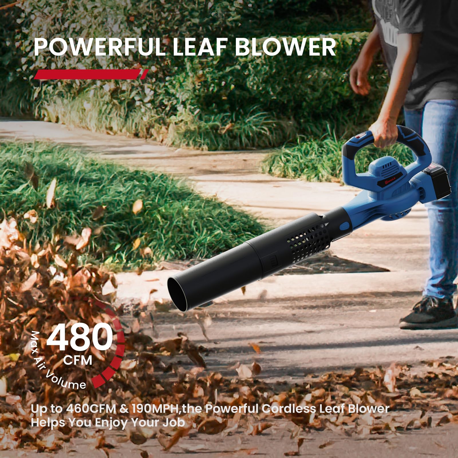 Enhulk 20V 4.0Ah Cordless Leaf Blower - 460CFM 190MPH High Power, 2-in-1 Battery Powered Blower with 6 Speed Settings, Ideal for Blowing Leaves, Yard Debris, Snow & Dust - Includes 4.0Ah Battery & Fast Charger - Perfect for Home Lawn Care, Garden Maintenance & Driveway Cleaning