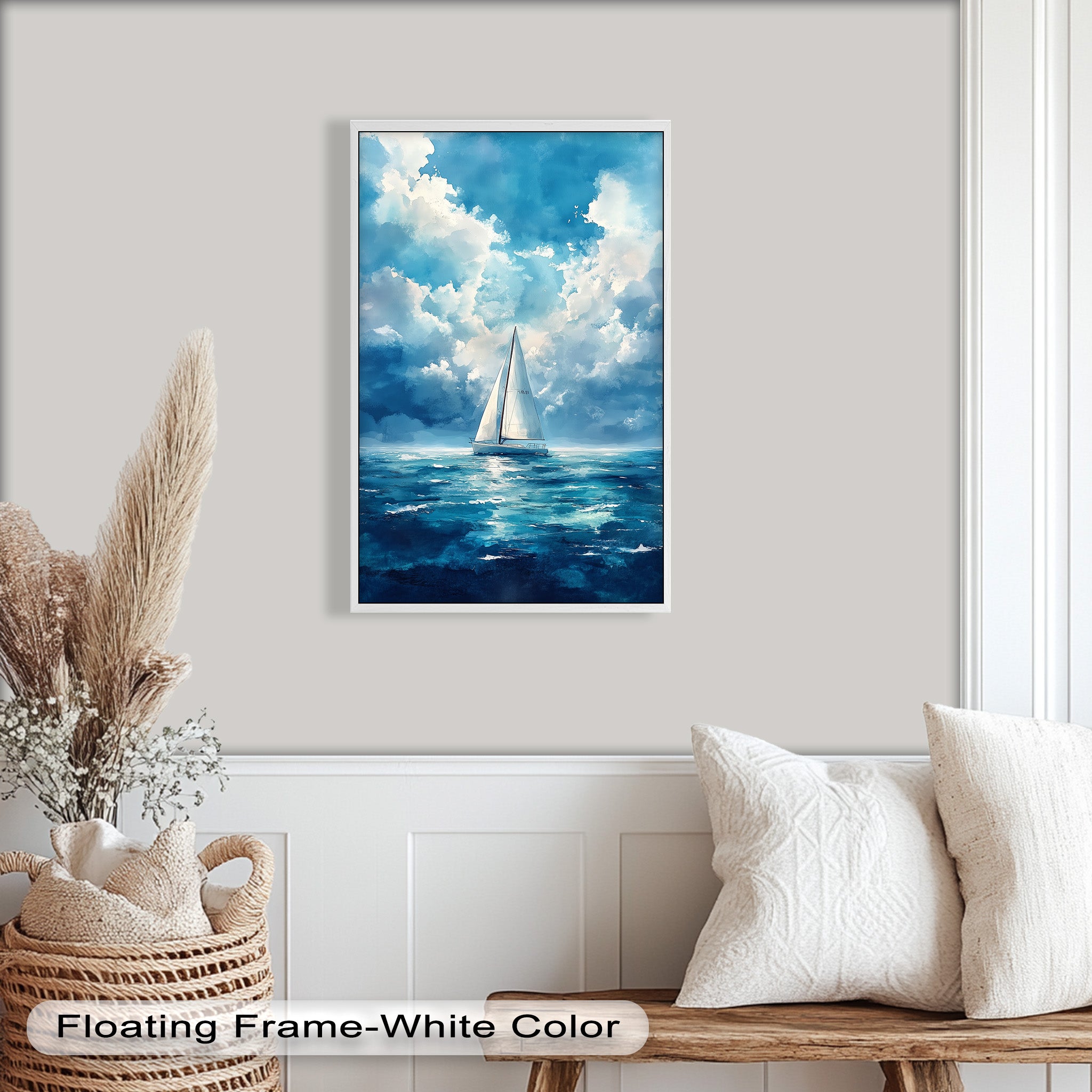 Blue Sky White Sailboat Oil Painting - Handmade Nautical Wall Art for Living Room, Bedroom & Office Decor
