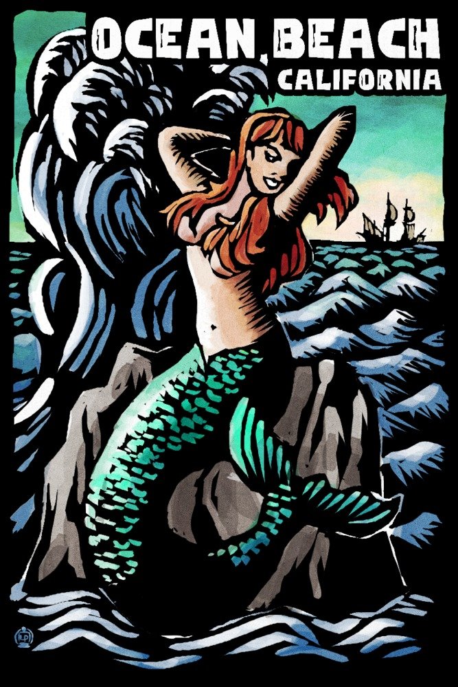 Ocean Beach California Mermaid 79508 - 24x36 Signed Art Print Poster, Coastal Wall Decor for Beach House, Bedroom & Living Room