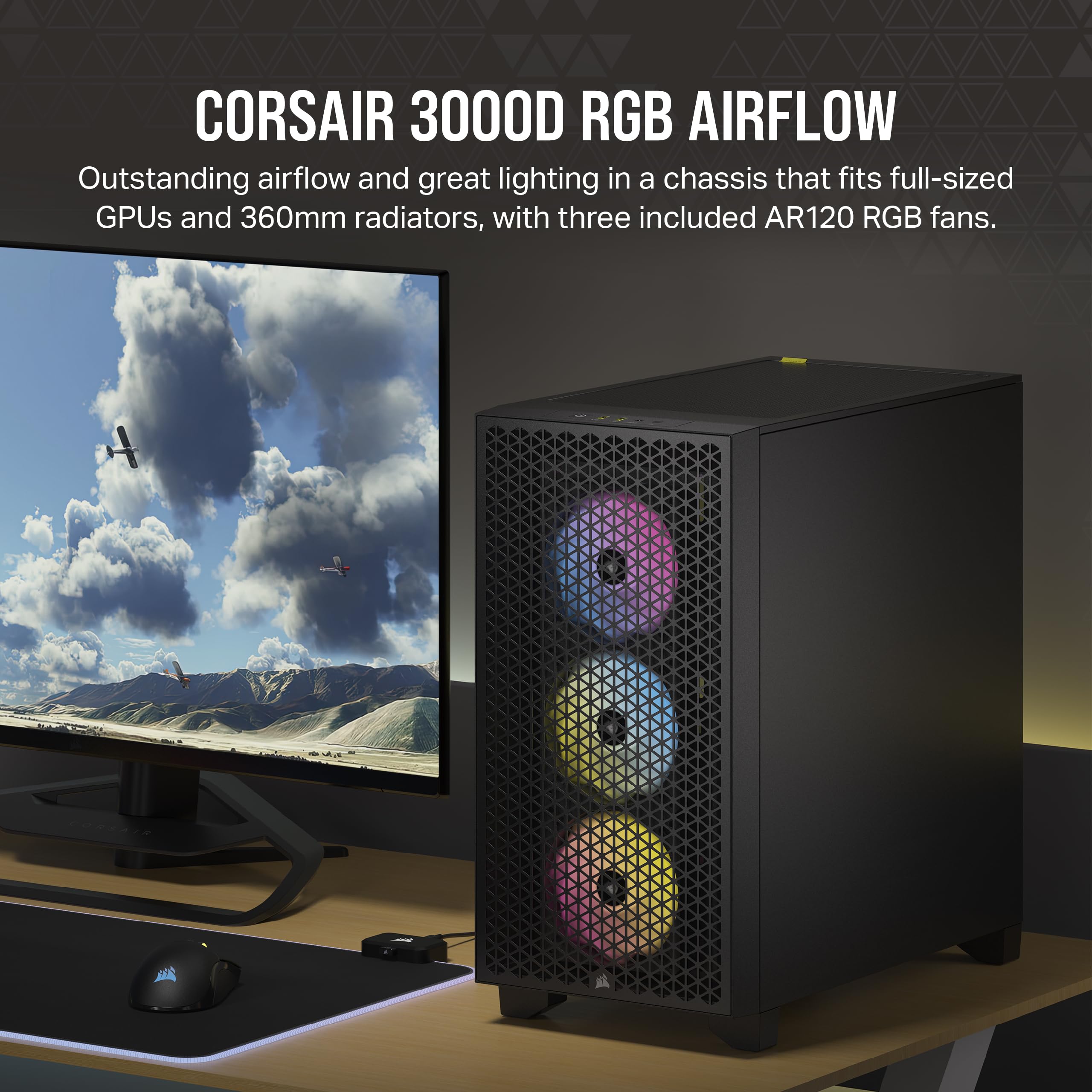Corsair 3000D RGB Airflow Mid-Tower ATX PC Case with 3 AR120 RGB Fans, High-Airflow Design, Supports 3-Slot GPU & 8x120mm Fans - Black - Perfect for Gaming Rigs & High-Performance PC Builds