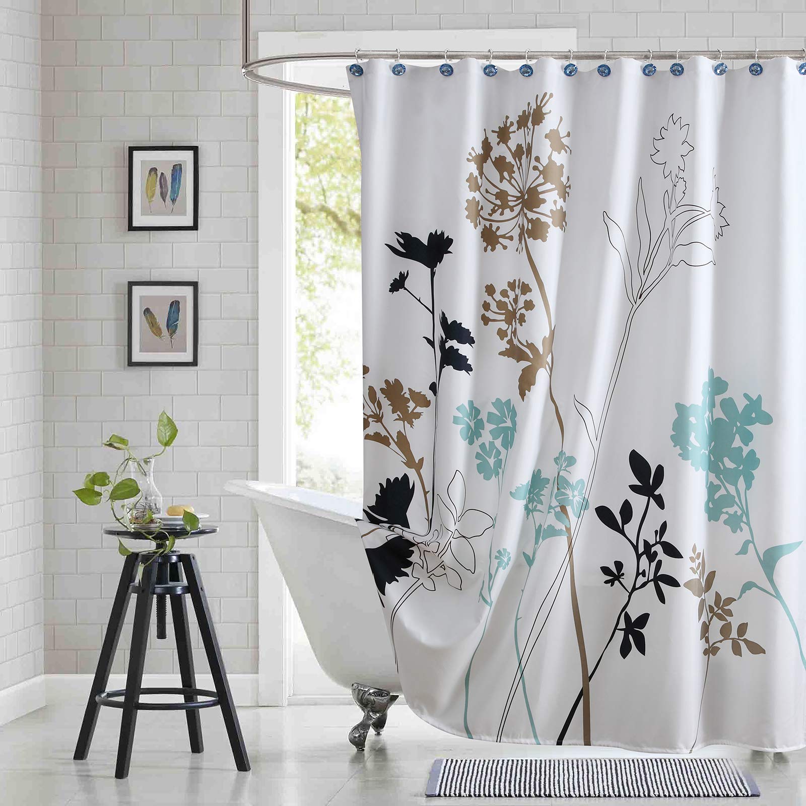Blue and White Floral Shower Curtain - Teal and Brown Botanical Bathroom Curtain 72x72 Inches - Waterproof Fabric for Modern Bathroom Decor - Perfect for Spa, Master Bath, and Guest Bathrooms