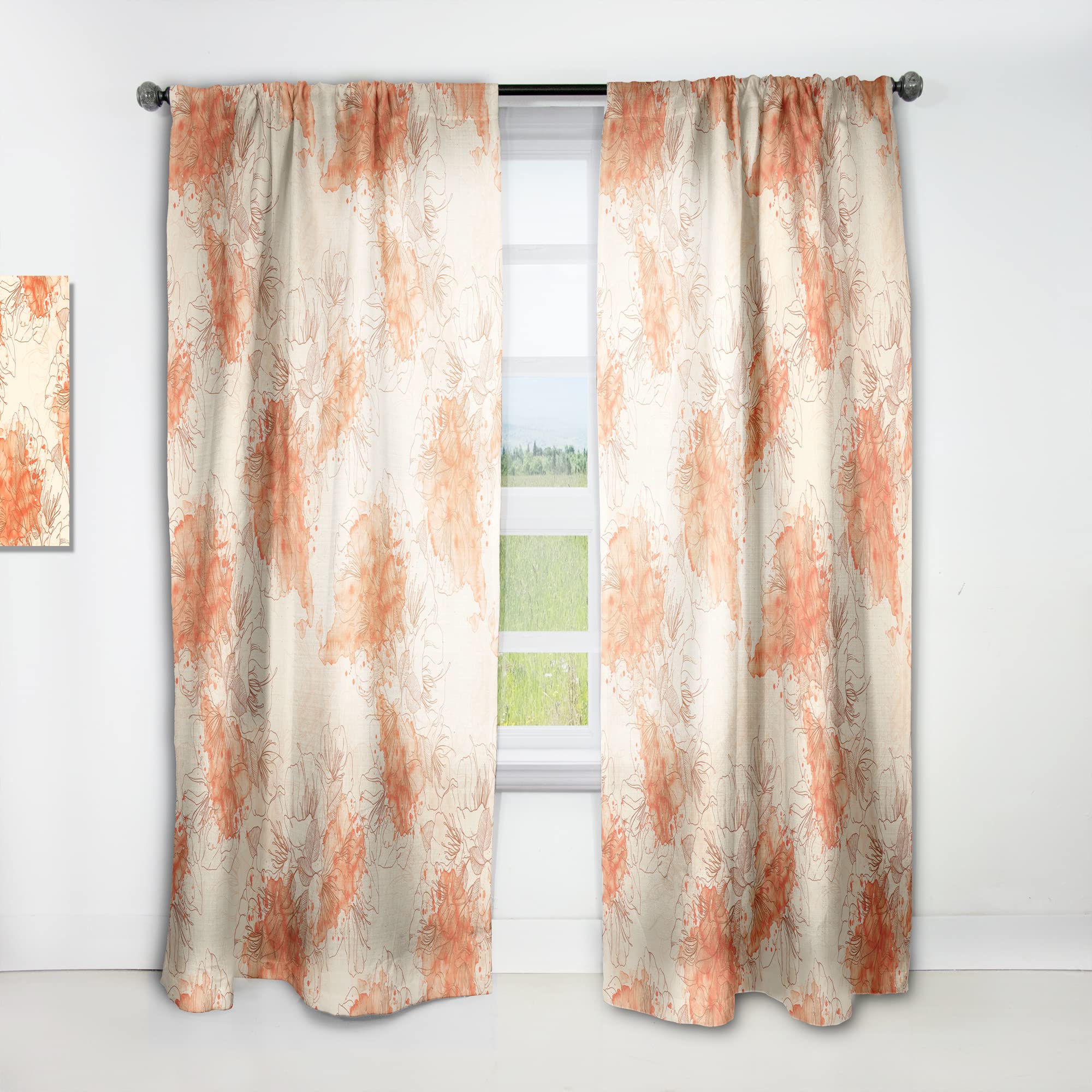DesignQ Hand-Painted Asian Floral Orange Watercolor Curtains - Thermal Insulated Single Panel (52x108) for Bedroom & Living Room - Elegant Window Drapes for Home Decor