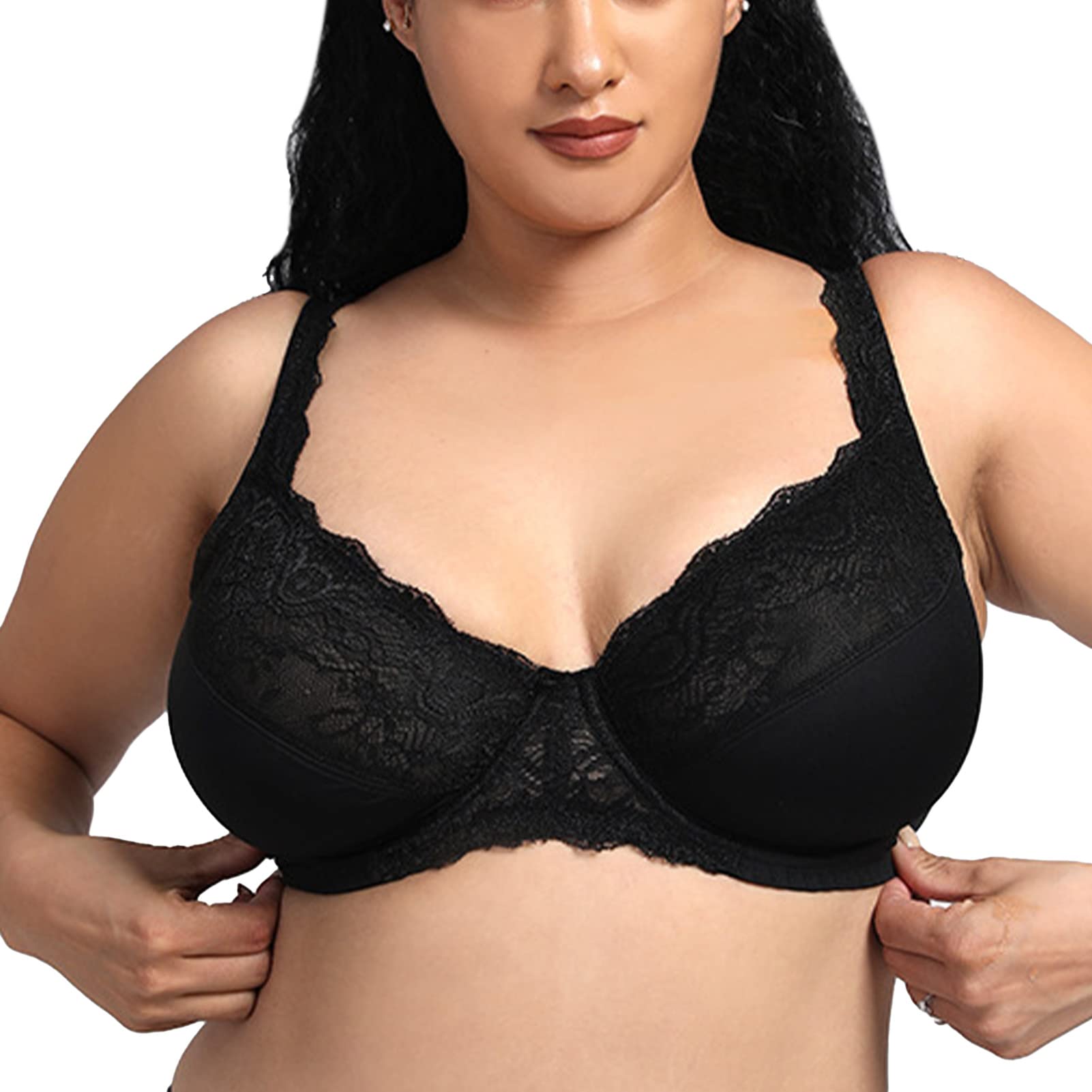 Plus Size Women's Full Coverage Underwire Bra with Wide Lace Straps & Low Center Front - Comfortable Support for Everyday Wear & Special Occasions