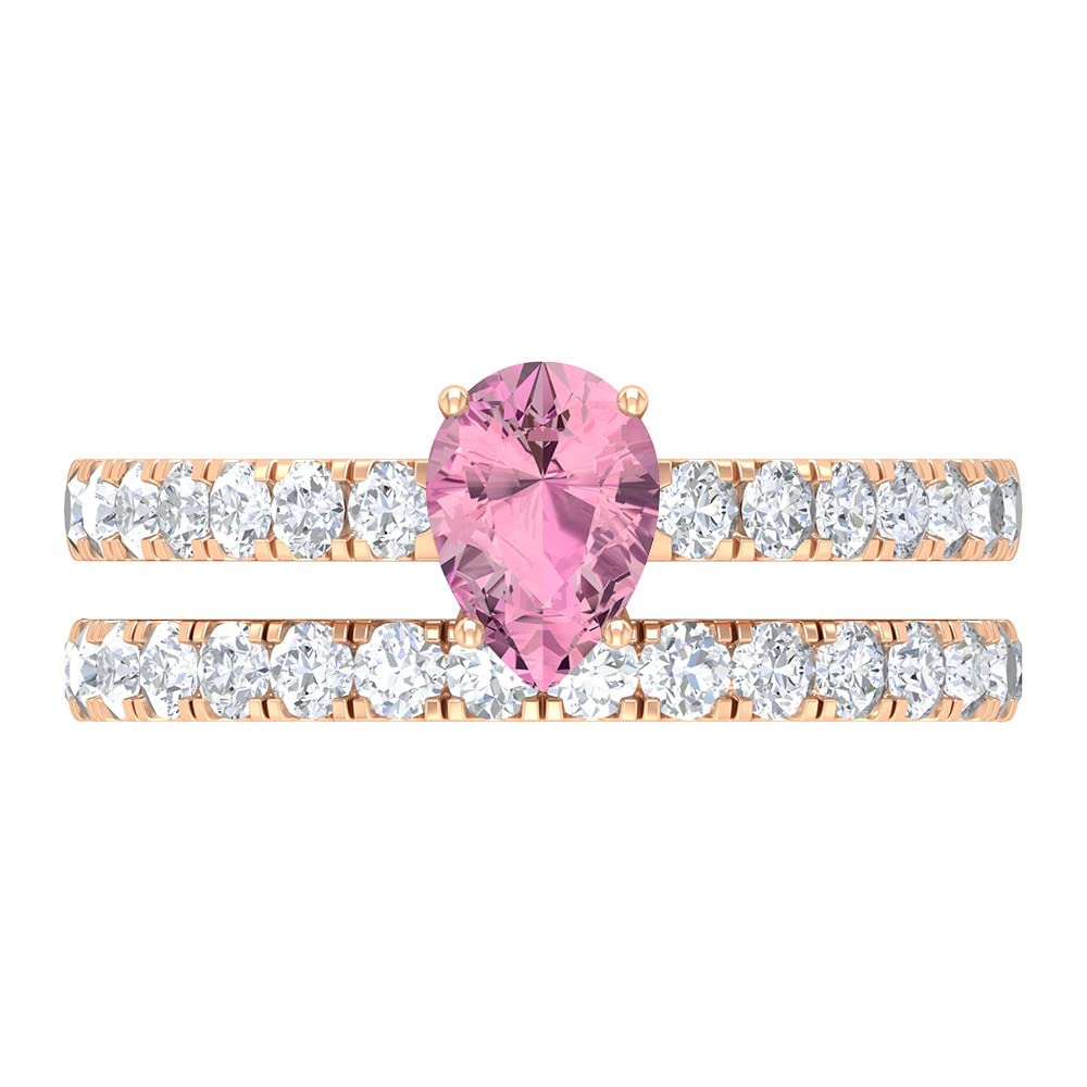 1.75 CT Pink Tourmaline & Moissanite Ring Set - 14K Solid Gold Solitaire Bridal Ring with Teardrop Engagement Ring for Women | Perfect for Weddings, Anniversaries & Special Occasions