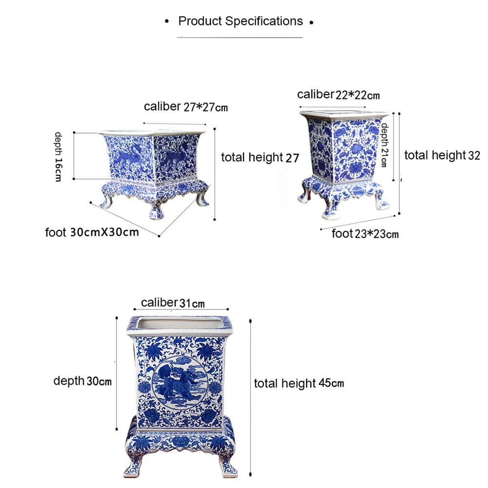 Hand-Painted Blue and White Chinese Porcelain Square Planter - Extra Large Jingdezhen Ceramic Flower Pot for Home Decor, Garden & Office Plants