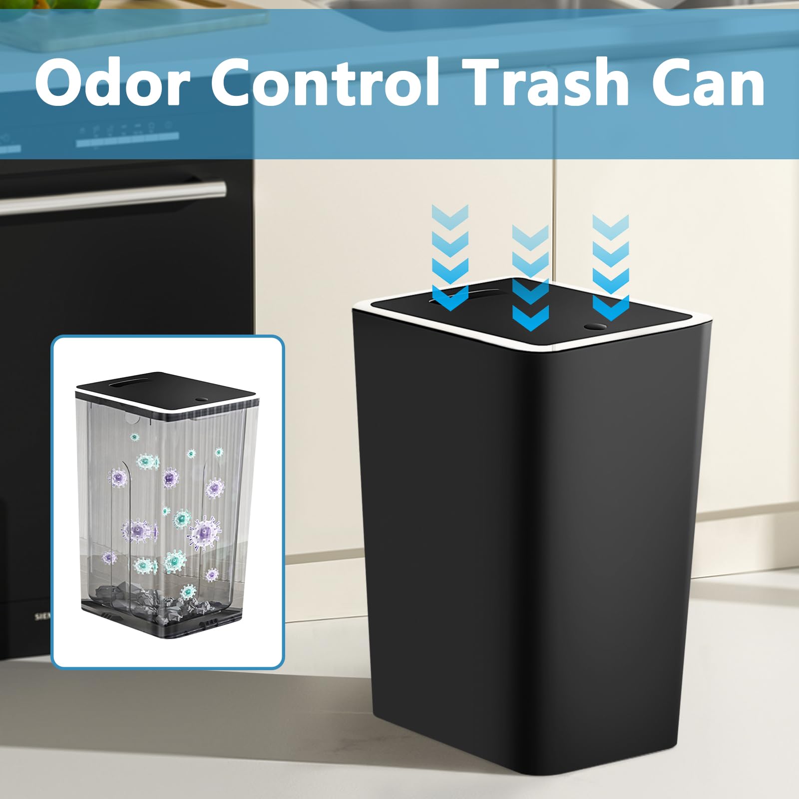 3-Pack 4-Gallon Small Trash Can with Press-Top Lid - Slim Bathroom Garbage Bin with Trash Bags - Perfect for Dorm, Office, Kitchen, Bedroom & Living Room - Space-Saving Waste Basket for Small Spaces (Black)
