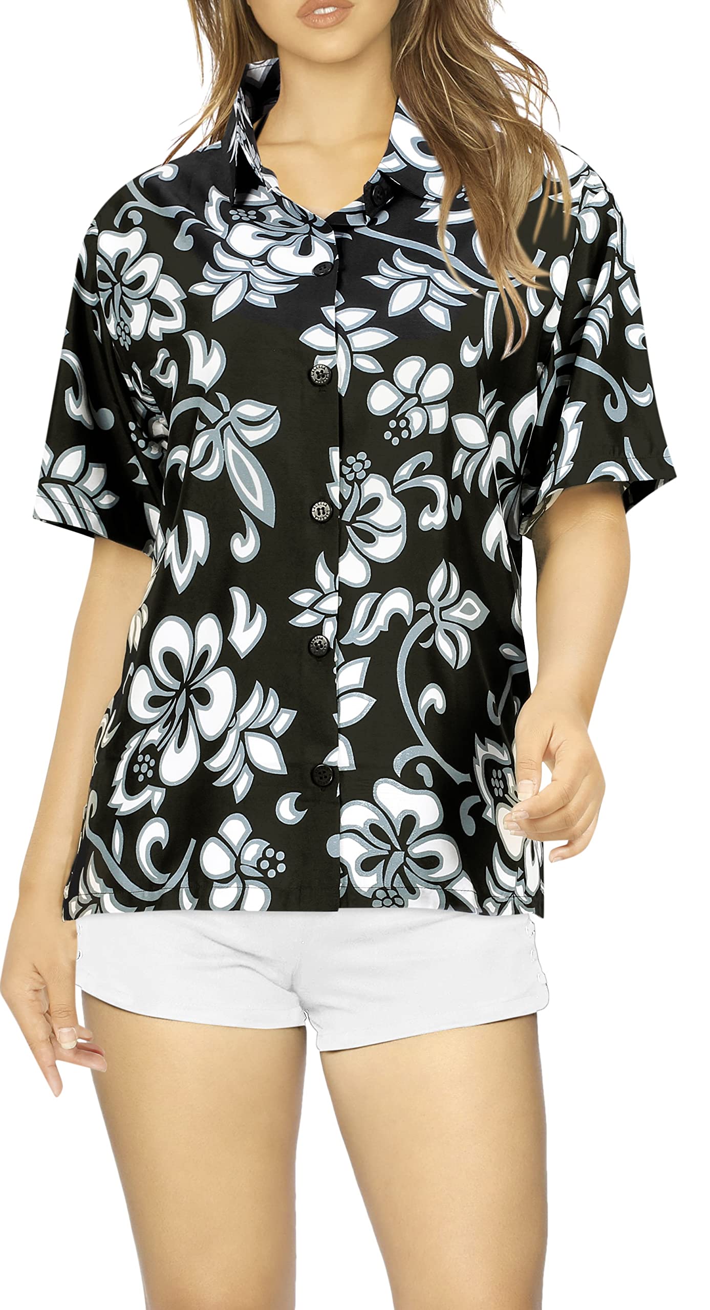 LA LEELA Women's Hawaiian Short Sleeve Beach Blouse - Floral Print Vacation Shirt for Summer, Pool Party & Tropical Getaways