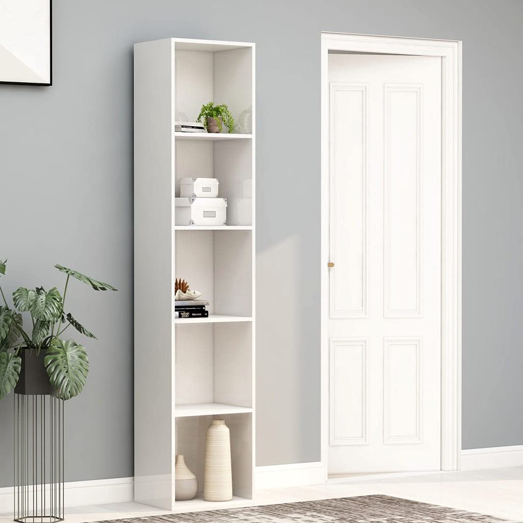 Modern White High Gloss Bookcase & TV Stand with Storage Cabinet, Open Shelves - 15.7