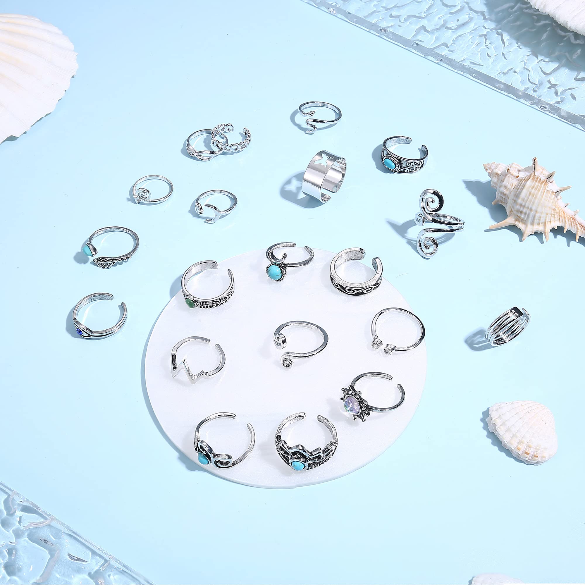 JOERICA 25 Pcs Adjustable Turquoise Toe Rings & Ankle Bracelets for Women - Gold & Silver Boho Anklets - Open Toe Rings for Beach, Summer & Festival Wear
