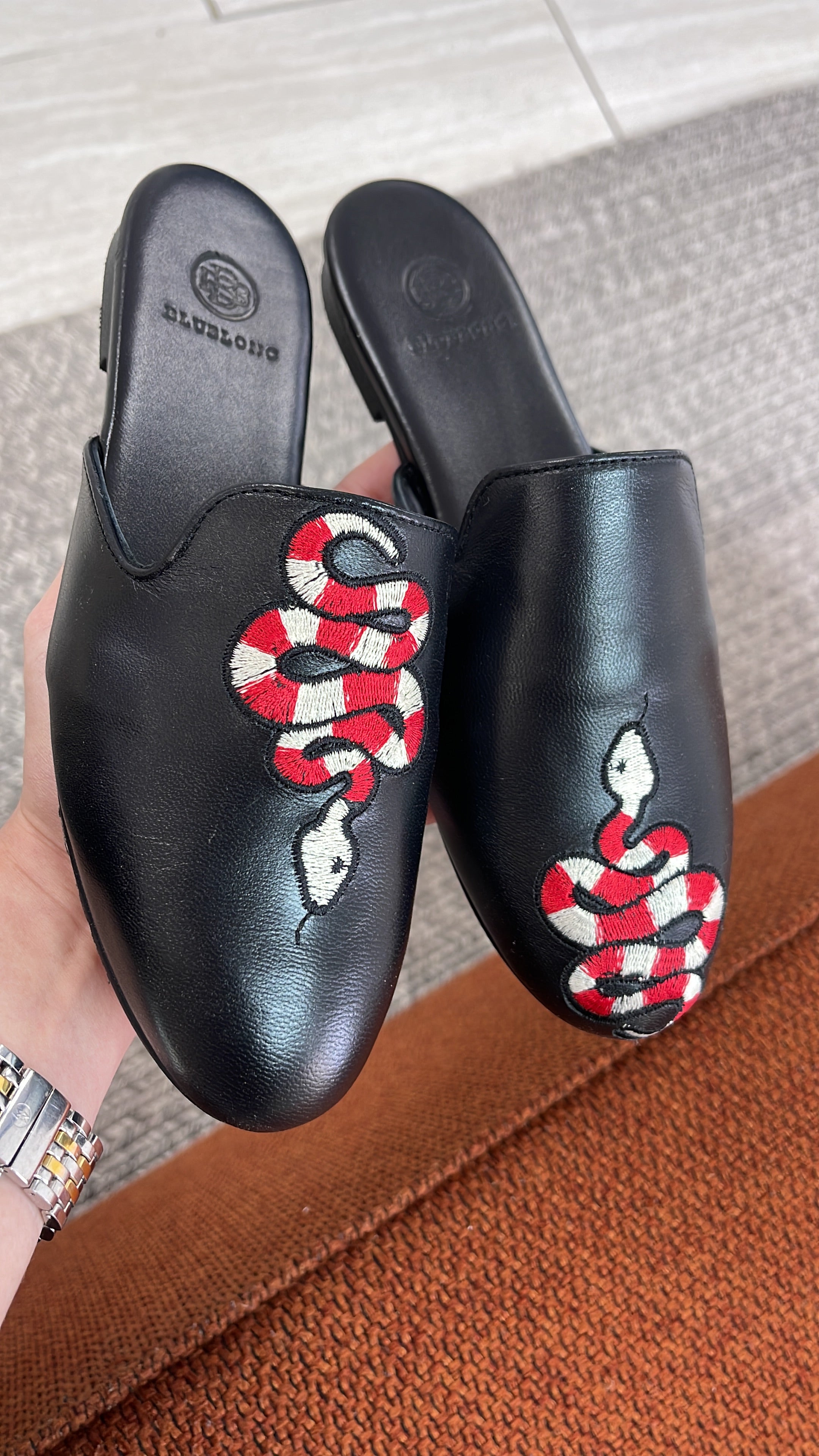 Blublonc Black Snake Embroidery Mule Shoes for Women - Stylish Slip-On Loafers with Animal Print Design | Perfect for Casual Outfits, Office Wear & Weekend Errands