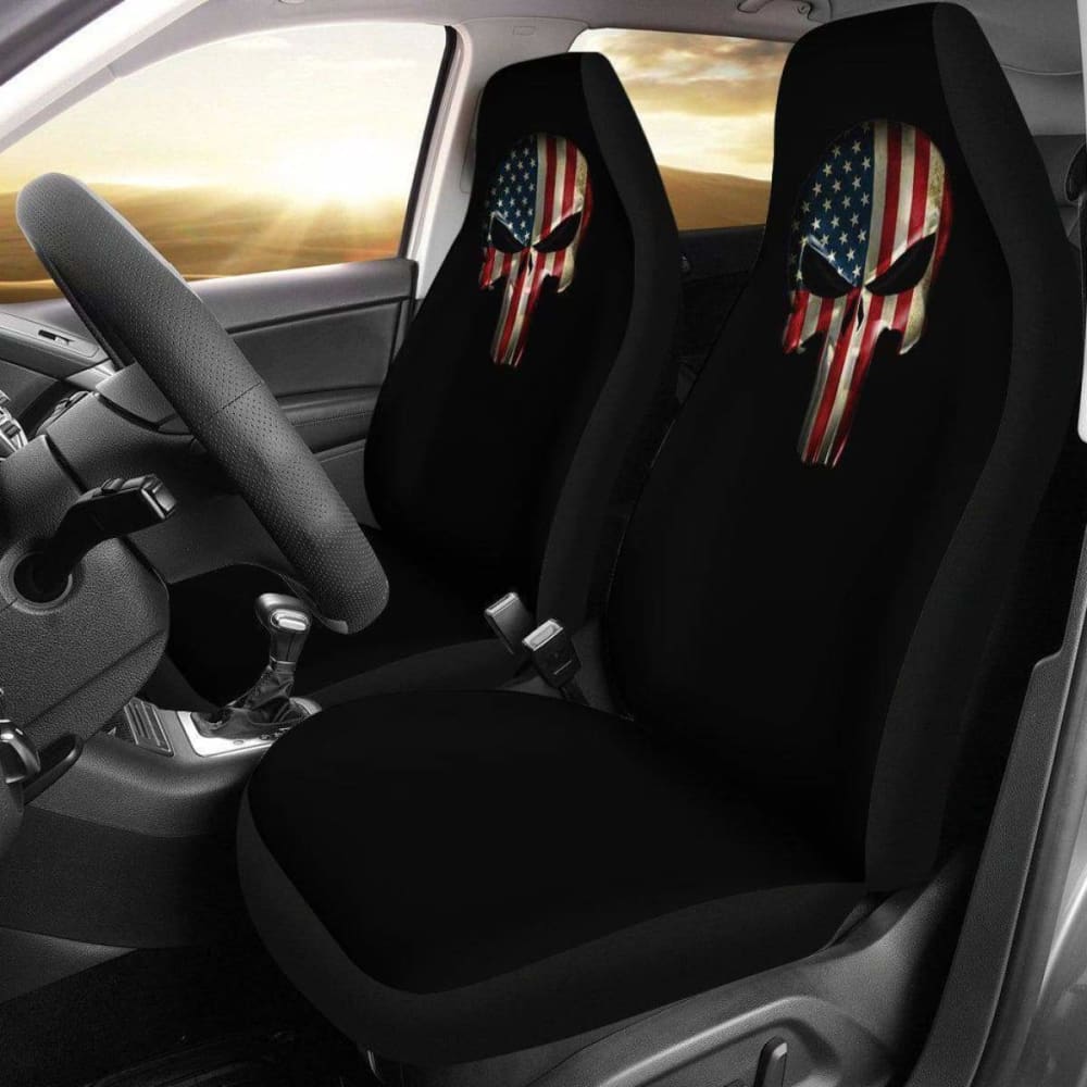 Punisher Black American Flag Car Seat Covers - Durable & Stylish for Trucks, SUVs, and Jeeps - Perfect for Patriotic Car Enthusiasts