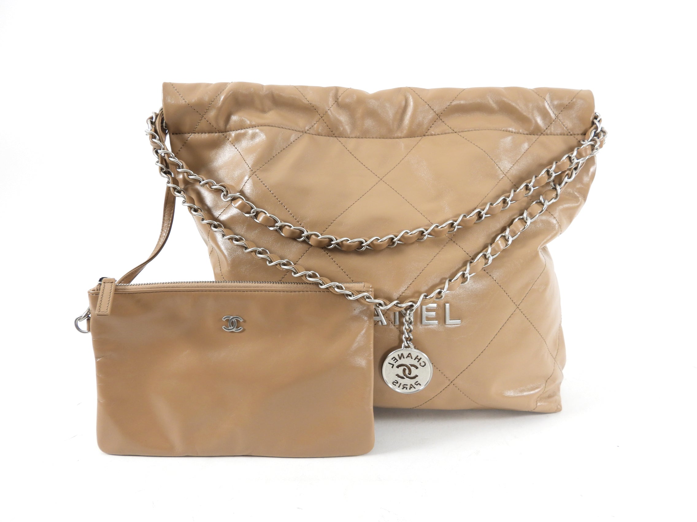 Chanel 22 Beige Glossy Leather Medium Chain Shoulder Bag - Luxury Designer Handbag for Women, Perfect for Date Night & Special Occasions