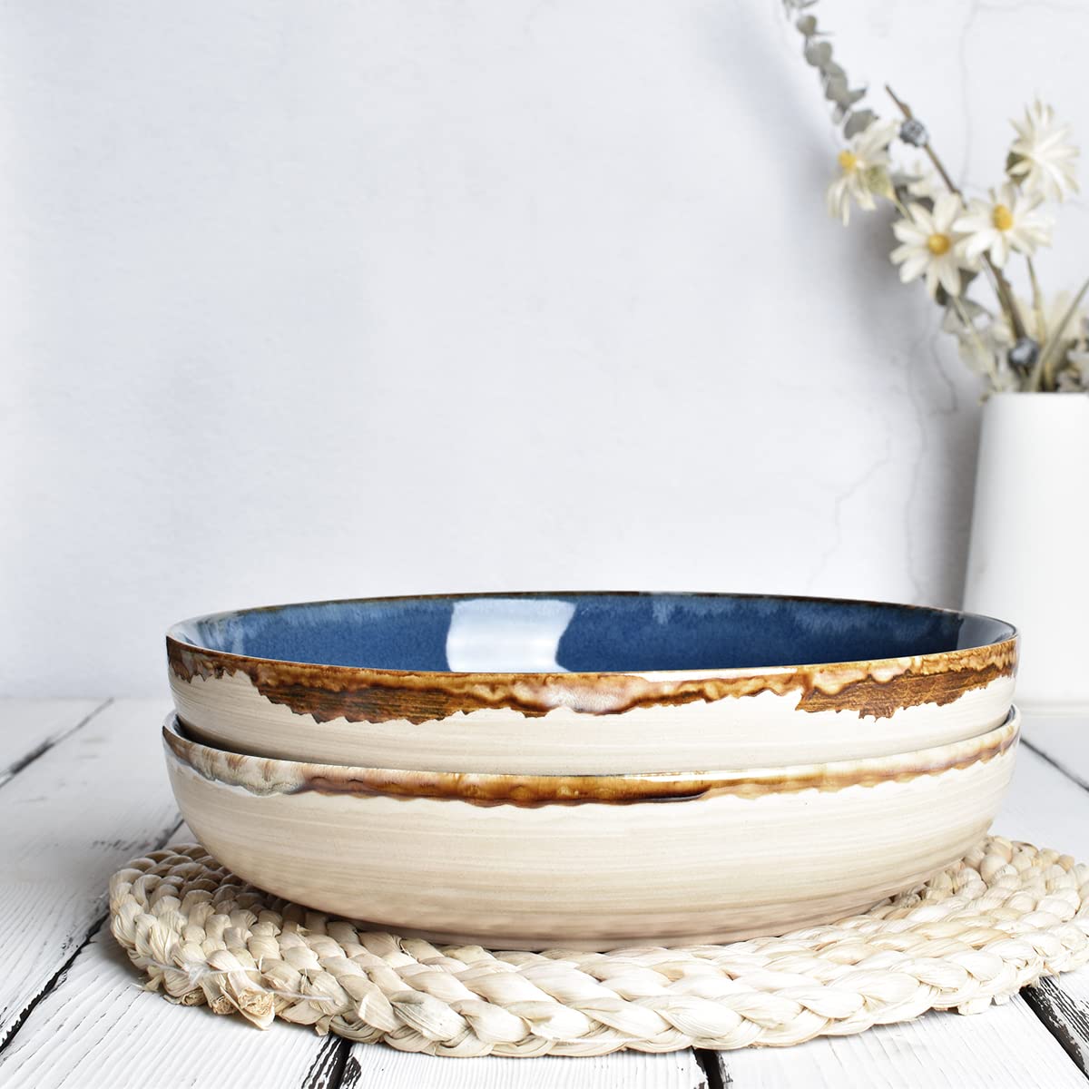 Bosmarlin 40 Oz Stoneware Pasta Bowls Set of 4 - Large Microwave & Dishwasher Safe Salad Bowls in Prussian Blue (9.3 Inch) - Perfect for Family Dinners, Pasta Dishes & Entertaining Guests