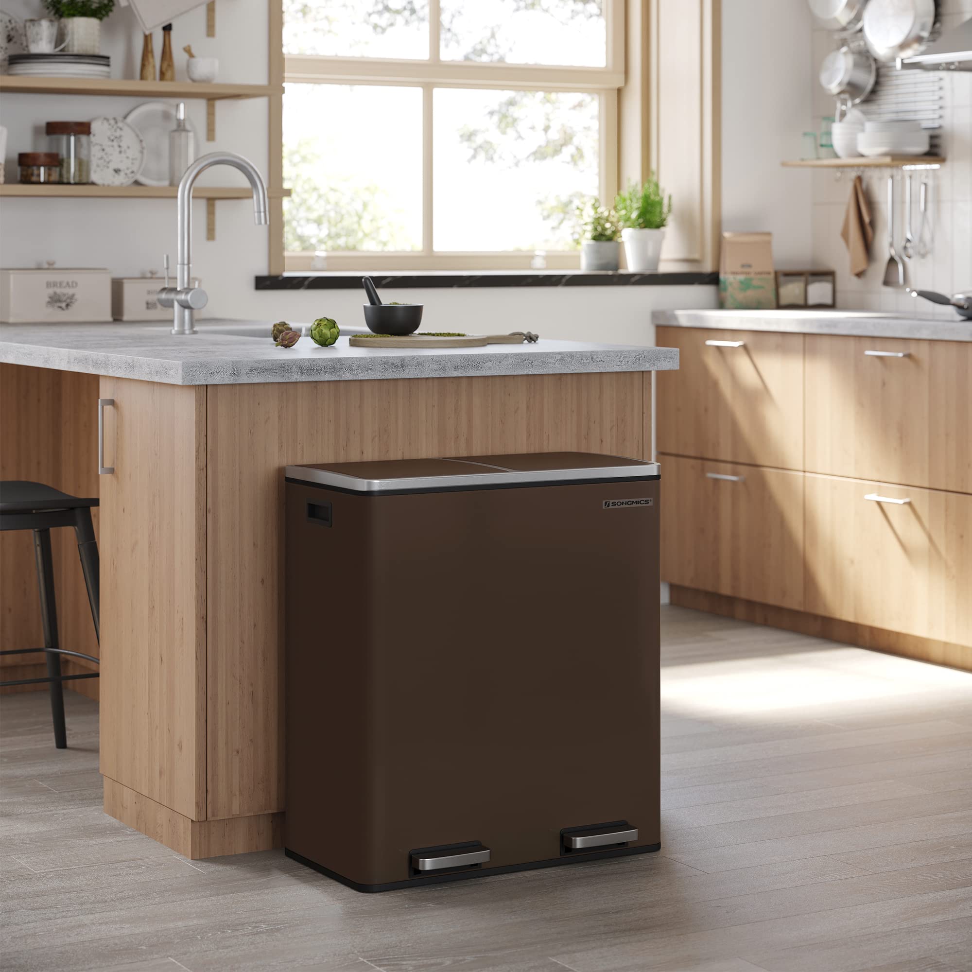 SONGMICS 8 Gallon (30L) Dual Compartment Trash Can with Hinged Lids - Airtight Kitchen Garbage Bin Includes 15 Trash Bags & Plastic Inner Buckets - Brown ULTB60BR for Home, Office, and Restaurant Use