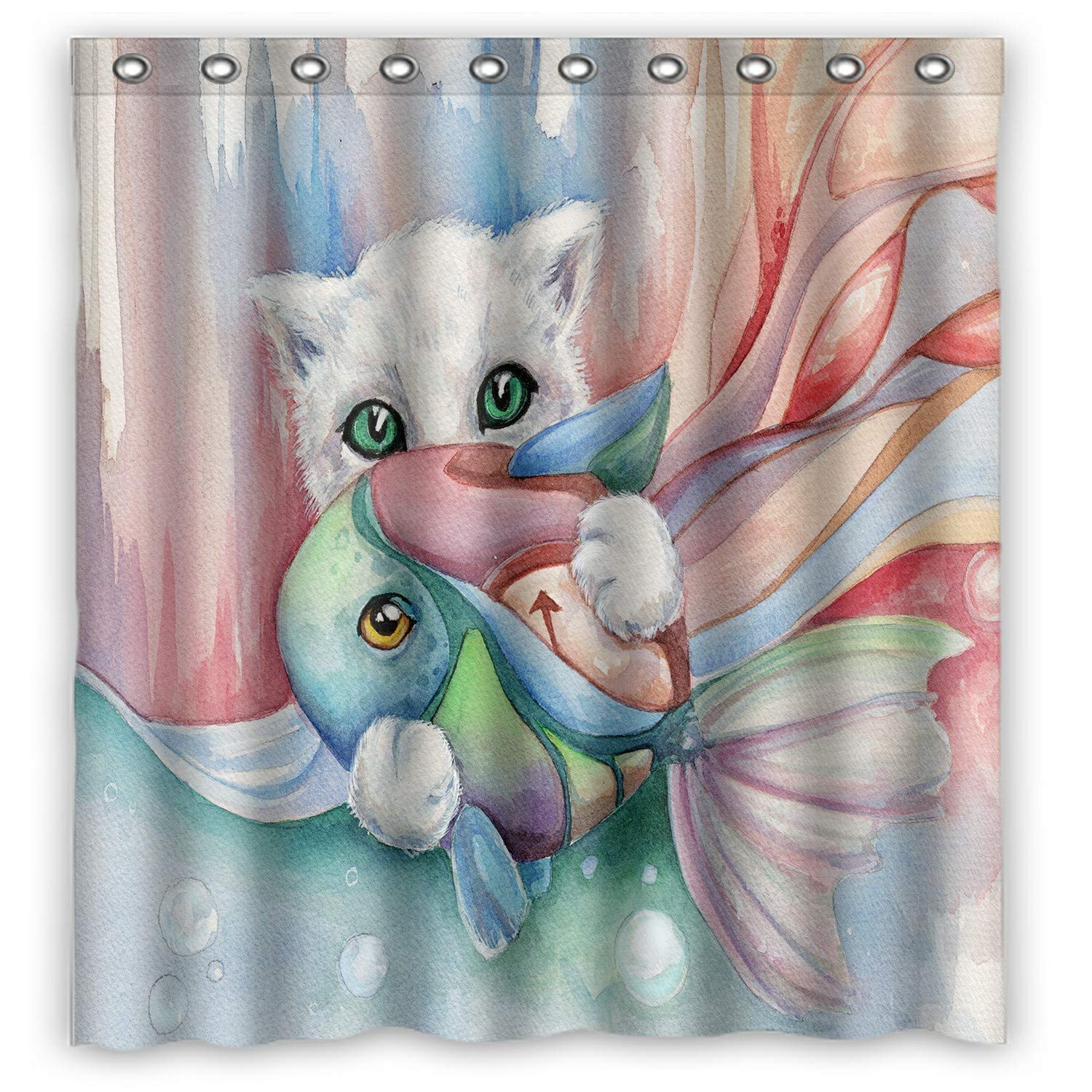 Waterproof White Cat Holding Fish Shower Curtain - 66x72 Inch Bathroom Decor for Artistic & Playful Home Style | Perfect for Kids' Bathrooms, Themed Showers & Pet Lover Gifts
