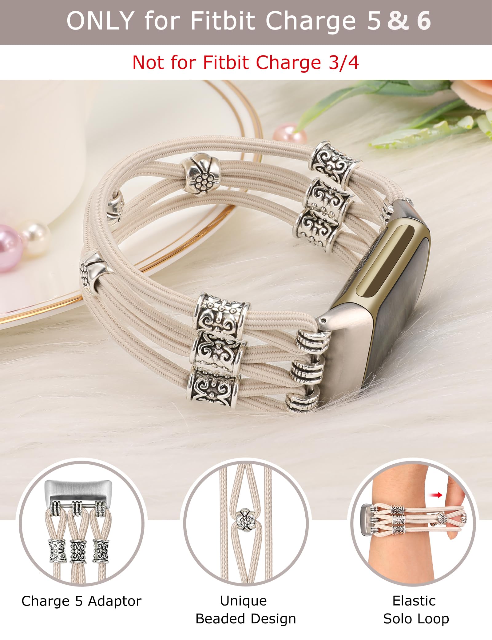 Boho Beaded Stretchy Bracelet Compatible with Fitbit Charge 5/6 Bands - Handmade Adjustable Solo Loop Soft Elastic Strap for Women - Perfect for Yoga, Workouts & Everyday Wear