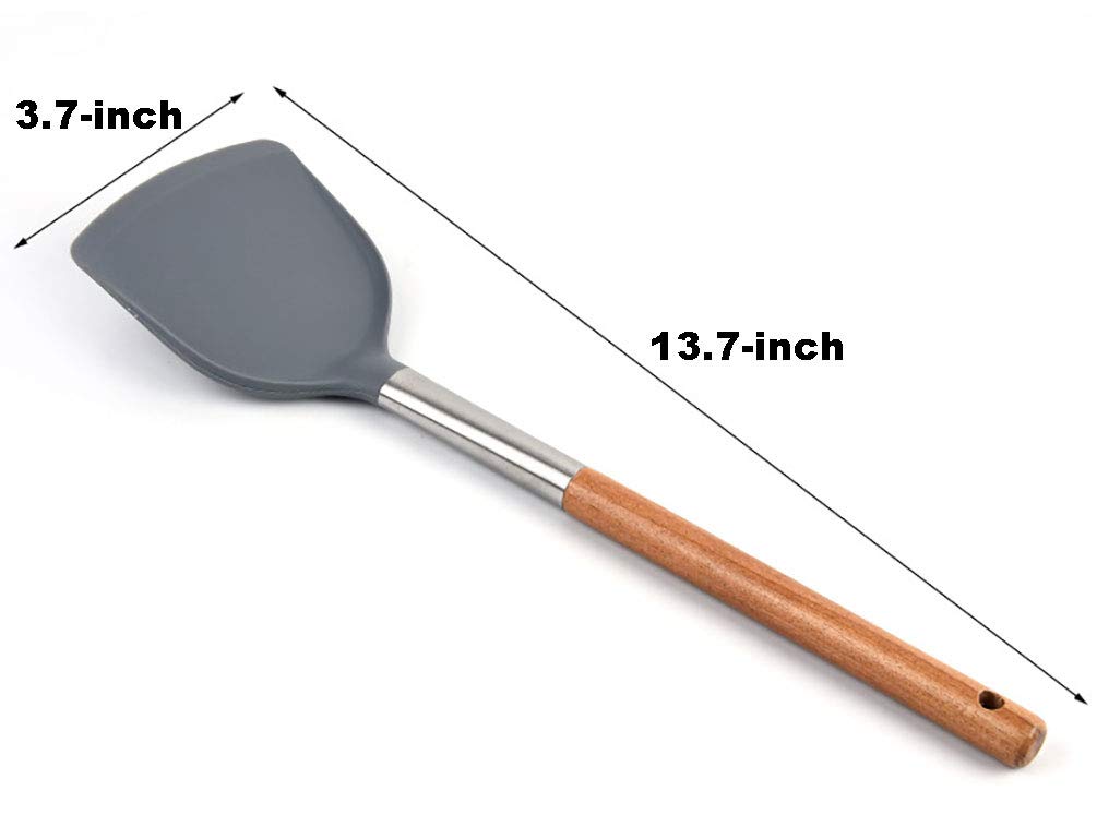 Heat-Resistant Silicone Spatula with Long Wood Handle - Non-Stick Pan Turner, 13.7 Inch Wok Shovel for Cooking, Flipping & Stirring - Perfect for Sauteing, Pancakes, Eggs & Asian Stir Fry