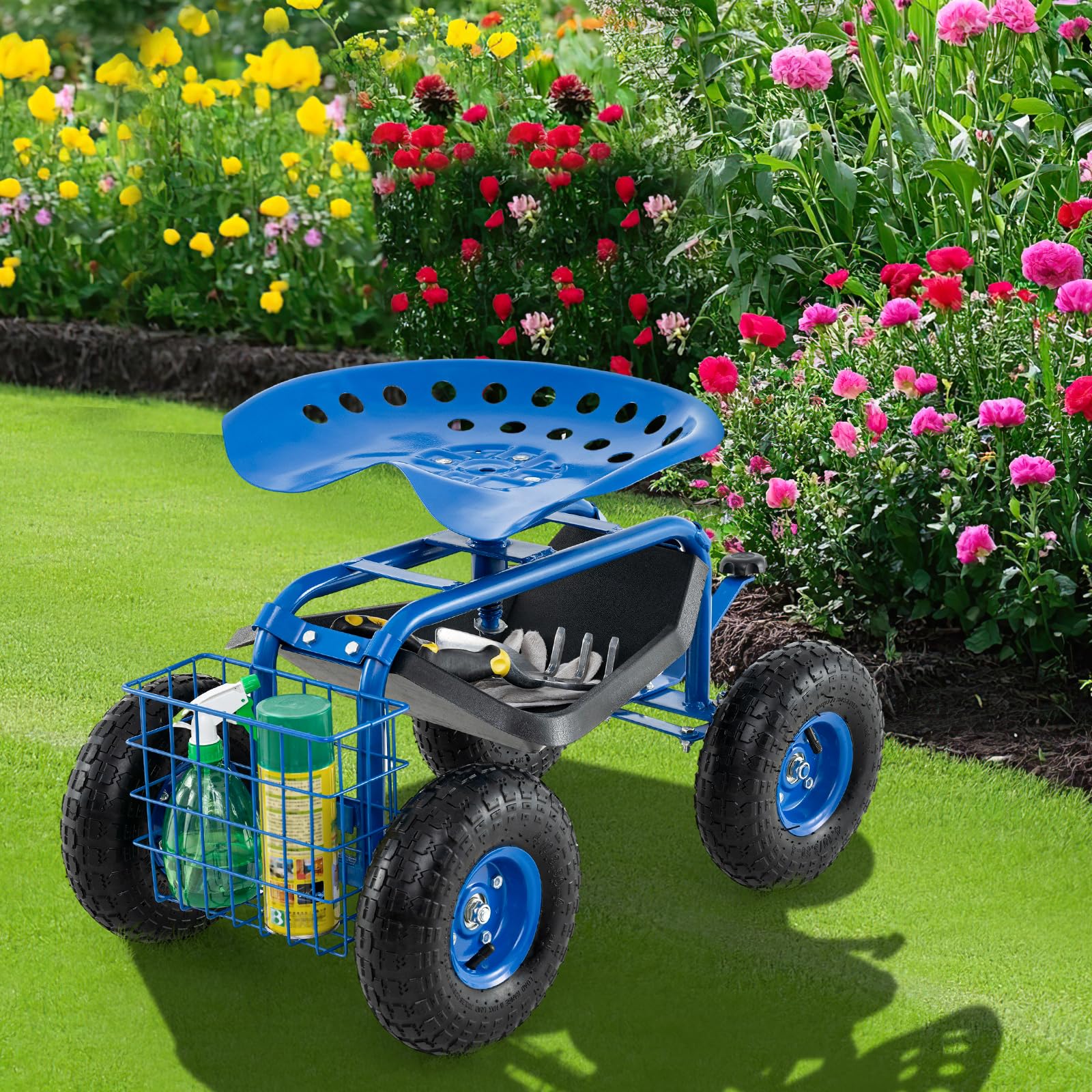 Giantex 360° Swivel Rolling Garden Work Seat with Wheels & Tools Basket - Adjustable Height Gardening Cart for Patio, Lawn, Yard - Outdoor Steerable Stool for Planting, Weeding & Landscaping (Blue)