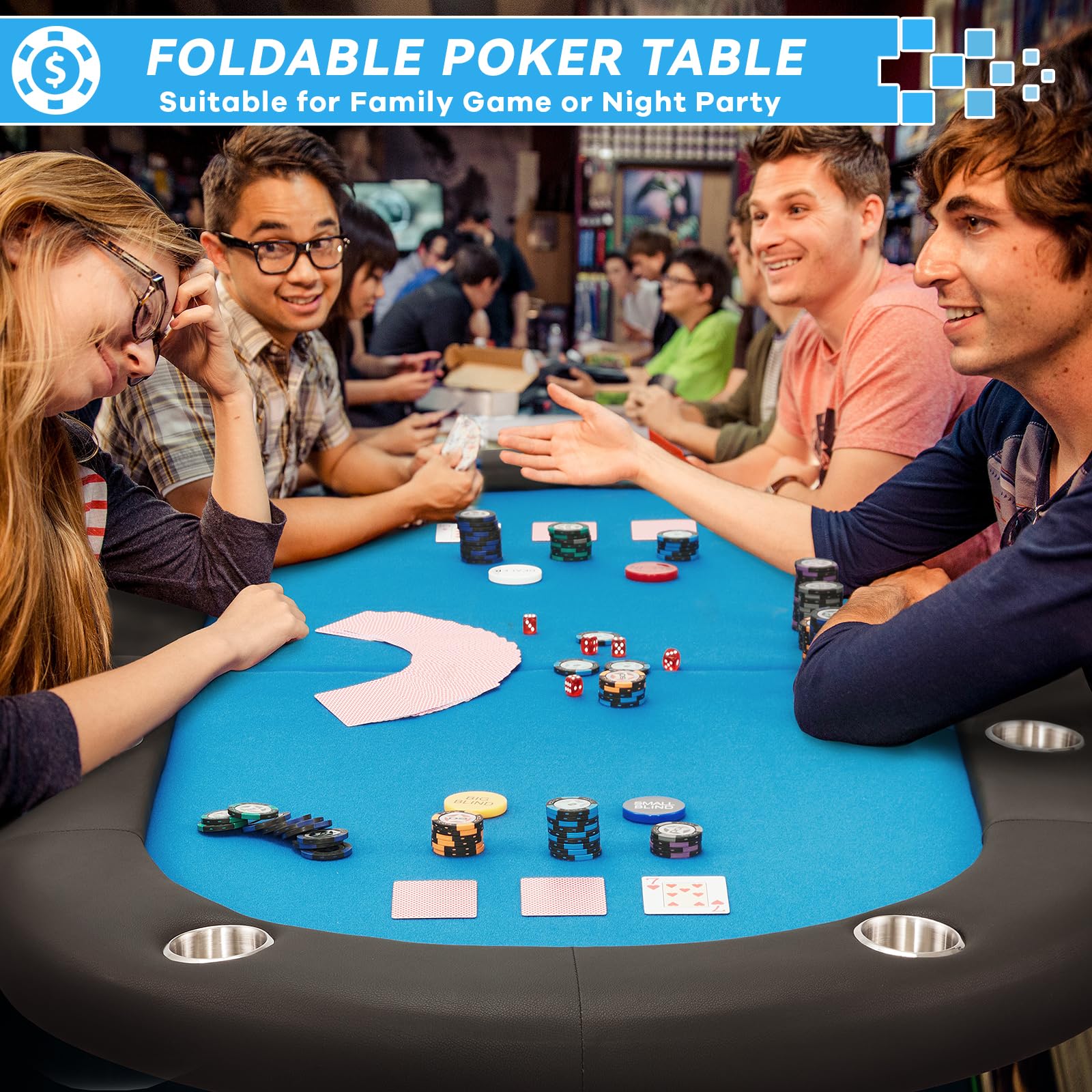 ECOTOUGE 8 Player Foldable Poker Table with Stainless Steel Cup Holders & Carry Bag - Portable Texas Holdem Poker Game Table for Casino Nights, Home Parties & Outdoor Events (Blue, No Assembly Required)