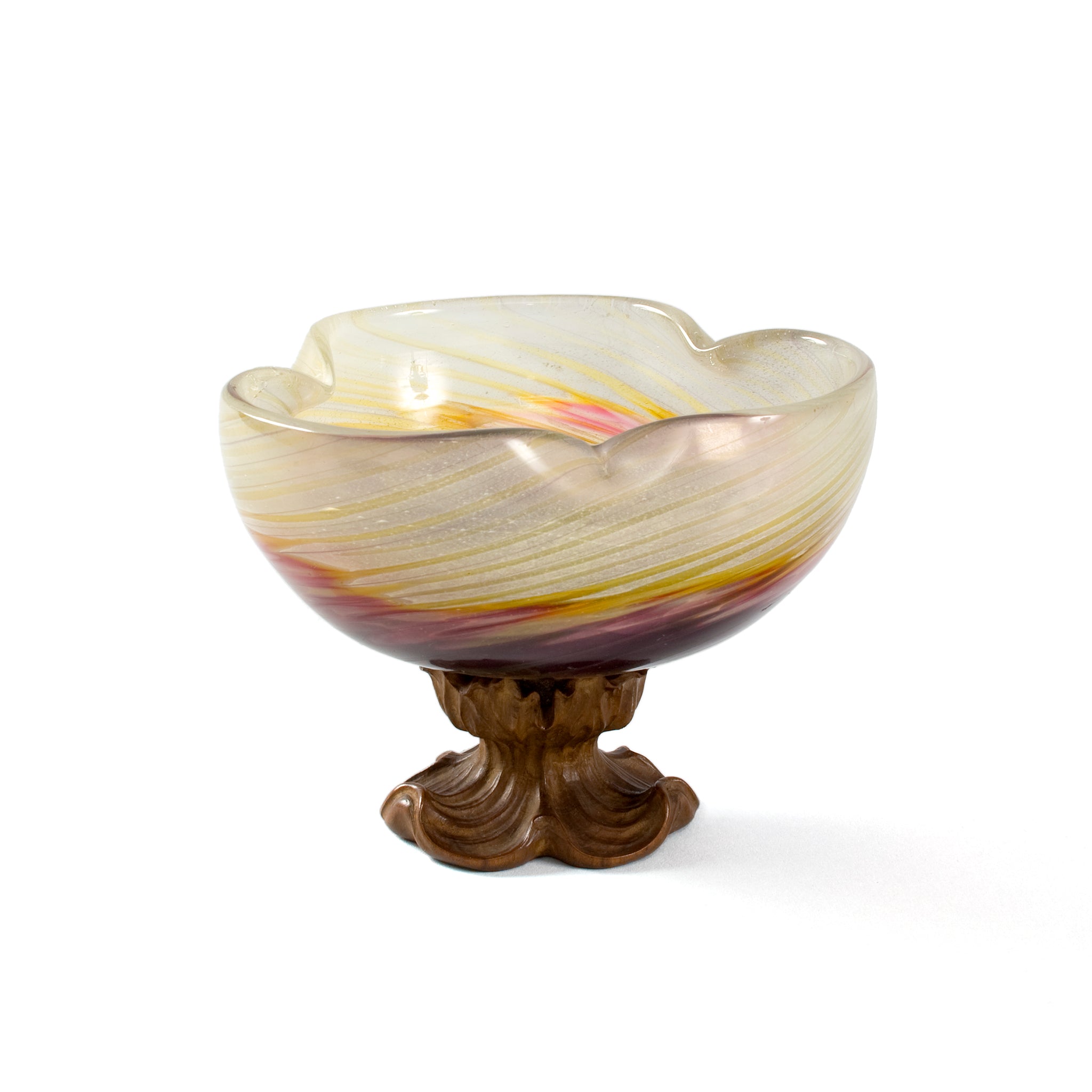 Emile Galle Art Glass Bowl with Walnut Base - Handcrafted Vintage Decorative Centerpiece for Dining Table & Home Decor
