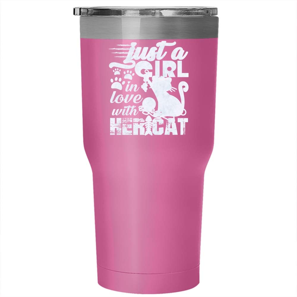 Just A Girl In Love With Her Cat Tumbler - 30oz Stainless Steel Cute Cat Travel Mug, Insulated Coffee Cup with Lid & Straw (Pink) - Perfect for Office, Travel & Cat Lovers Gifts
