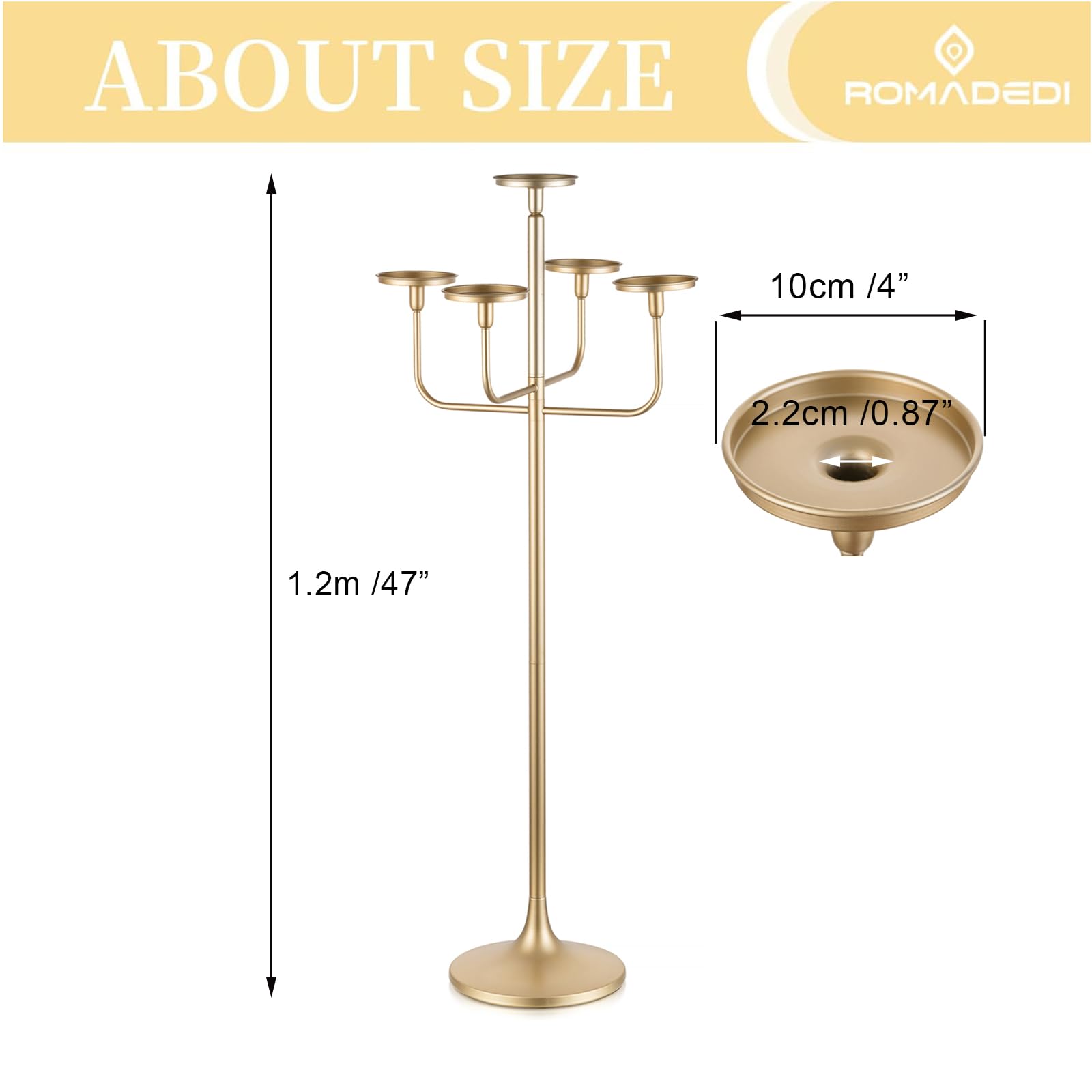 Romadedi 47 Inch Tall Gold Candle Holders - Set of 2 Elegant Floor Candelabra for Wedding Centerpieces, Home Decor & Special Events | Perfect for Pillar Candles, Church Altars, Romantic Dinners & Holiday Decorations