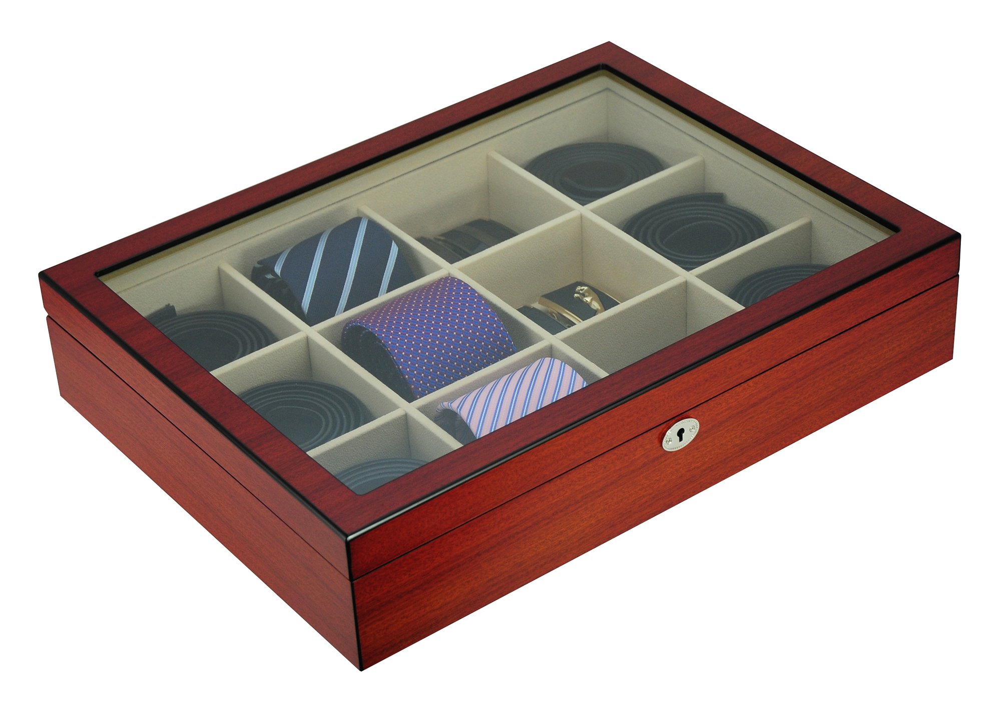 Cherry Wood Display Case for 12 Ties, Belts & Accessories - Premium Storage Box for Men | Perfect Father's Day Gift & Home Office Organization Solution