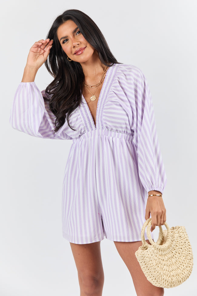 New Women's Lilac Striped V-Neck Romper Jumpsuit - Casual Summer Outfit for Beach, Vacation & Date Night