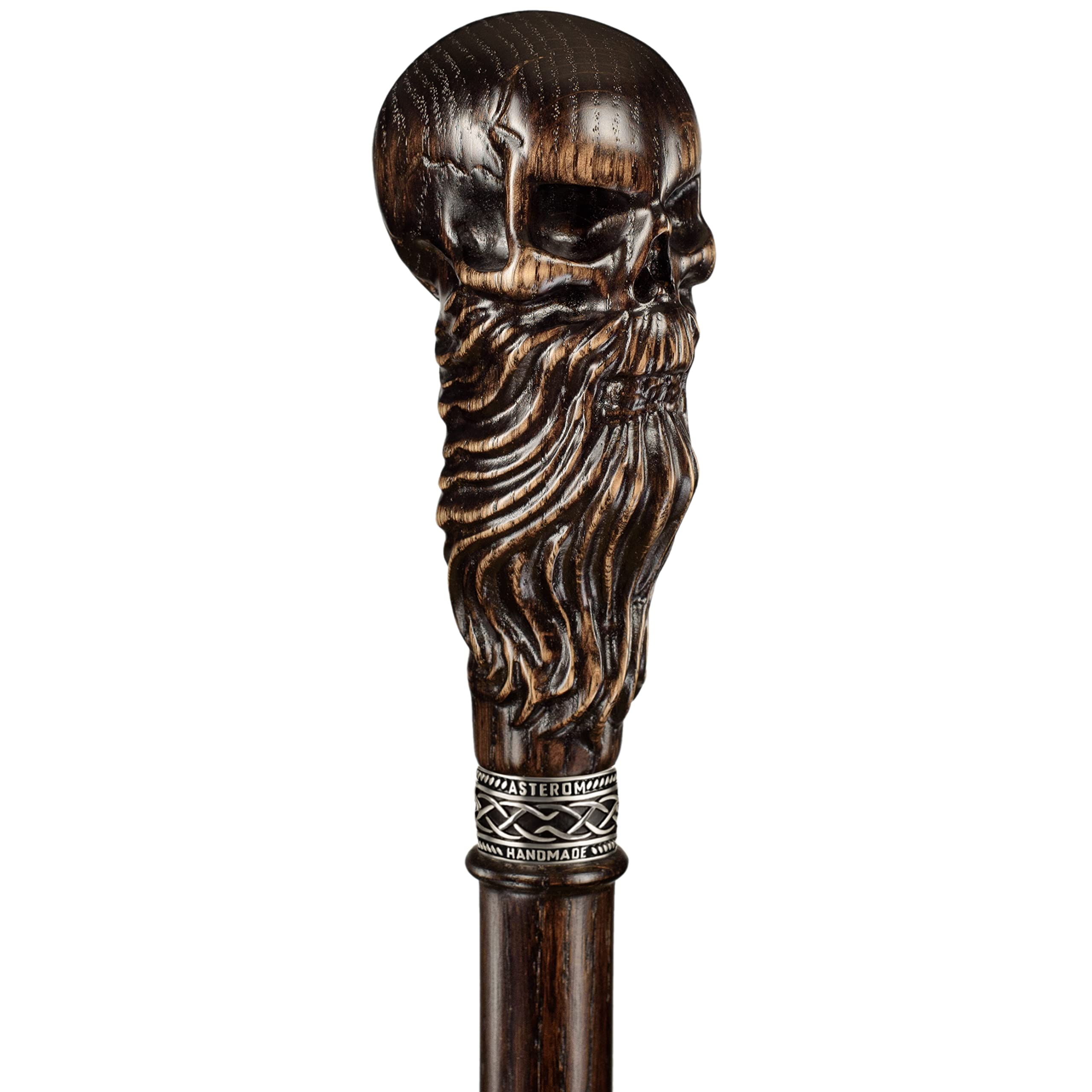 Handmade Wooden Carved Walking Cane with Bearded Skull Head - Unique Steampunk Walking Stick for Men & Women - Perfect for Cosplay, Gothic Fashion & Outdoor Hiking Accessories