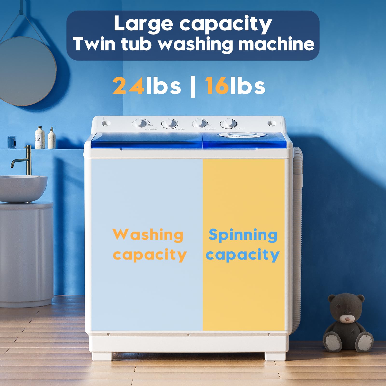 Auertech 40lbs Portable Twin Tub Washing Machine with Drain Pump - Compact Semi-Automatic Washer (24lbs) and Spinner (16lbs) Combo for Small Spaces - Perfect for Dorms, Apartments, RVs, Camping & Off-Grid Living
